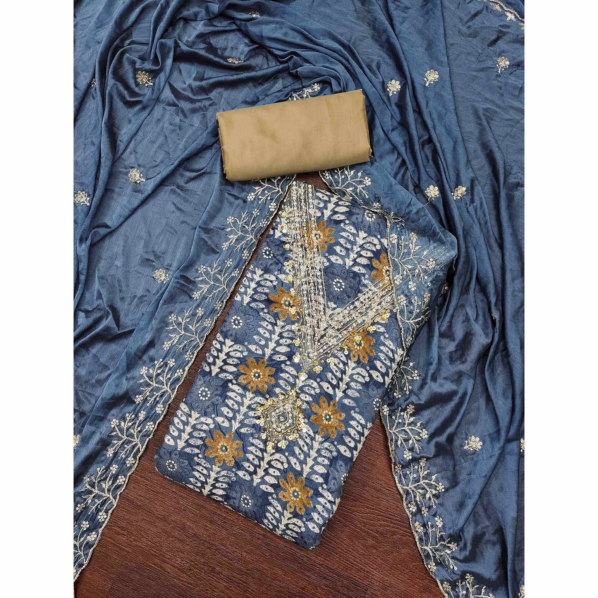 Blue Floral Printed With Handwork Pure Cotton Dress Material