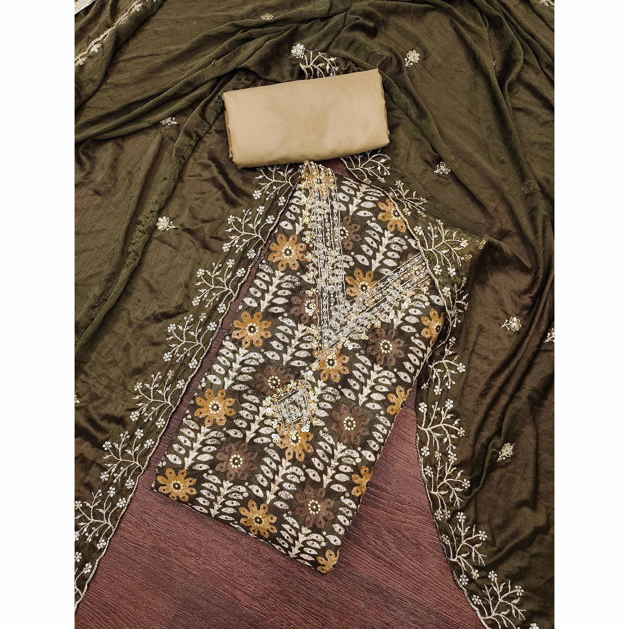 Dark Brown Floral Printed With Handwork Pure Cotton Dress Material