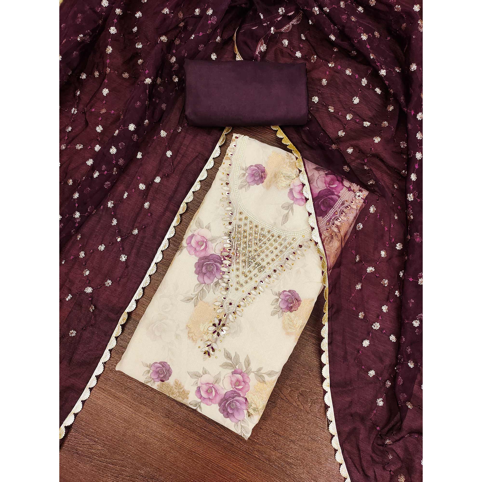 Wine Floral Digital Printed With Handwork Viscose Banarasi Dress Material