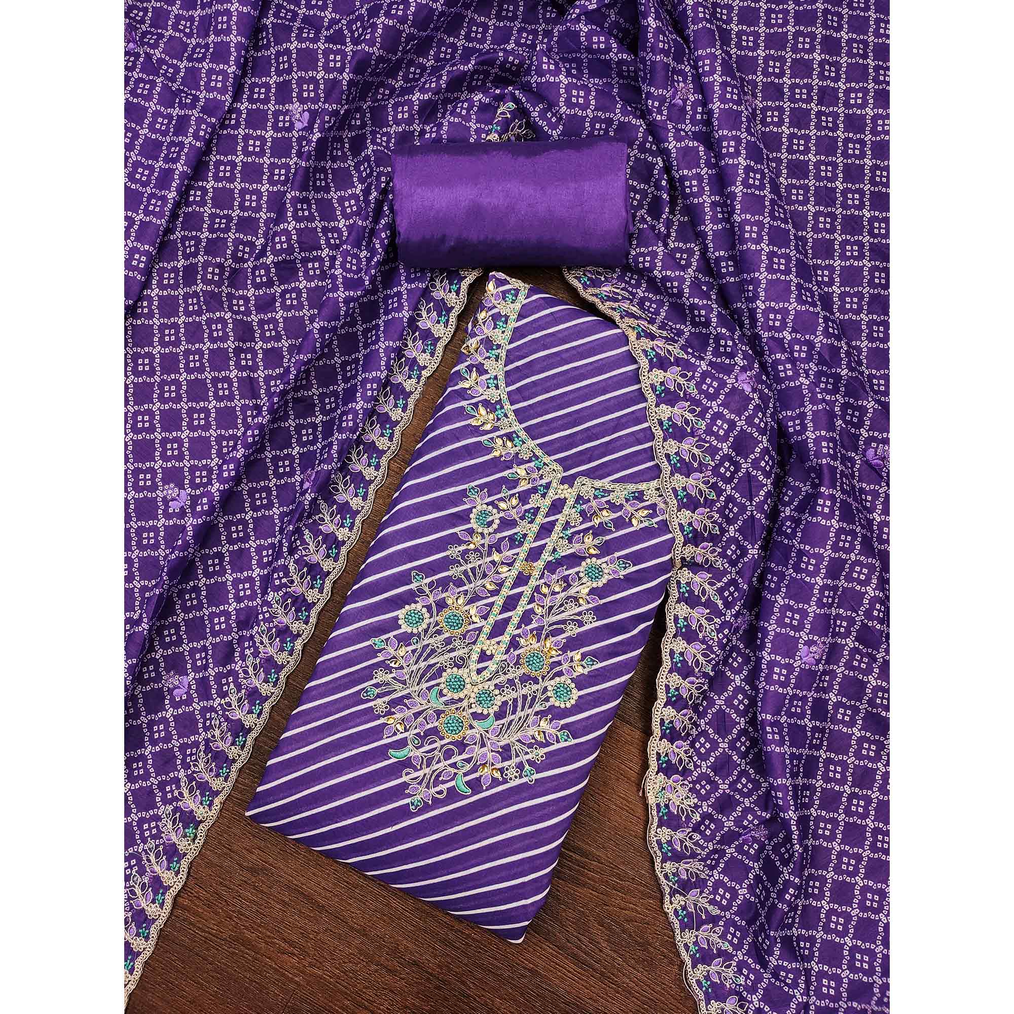 Violet Striped Digital Printed With Handwork Muslin Dress Material