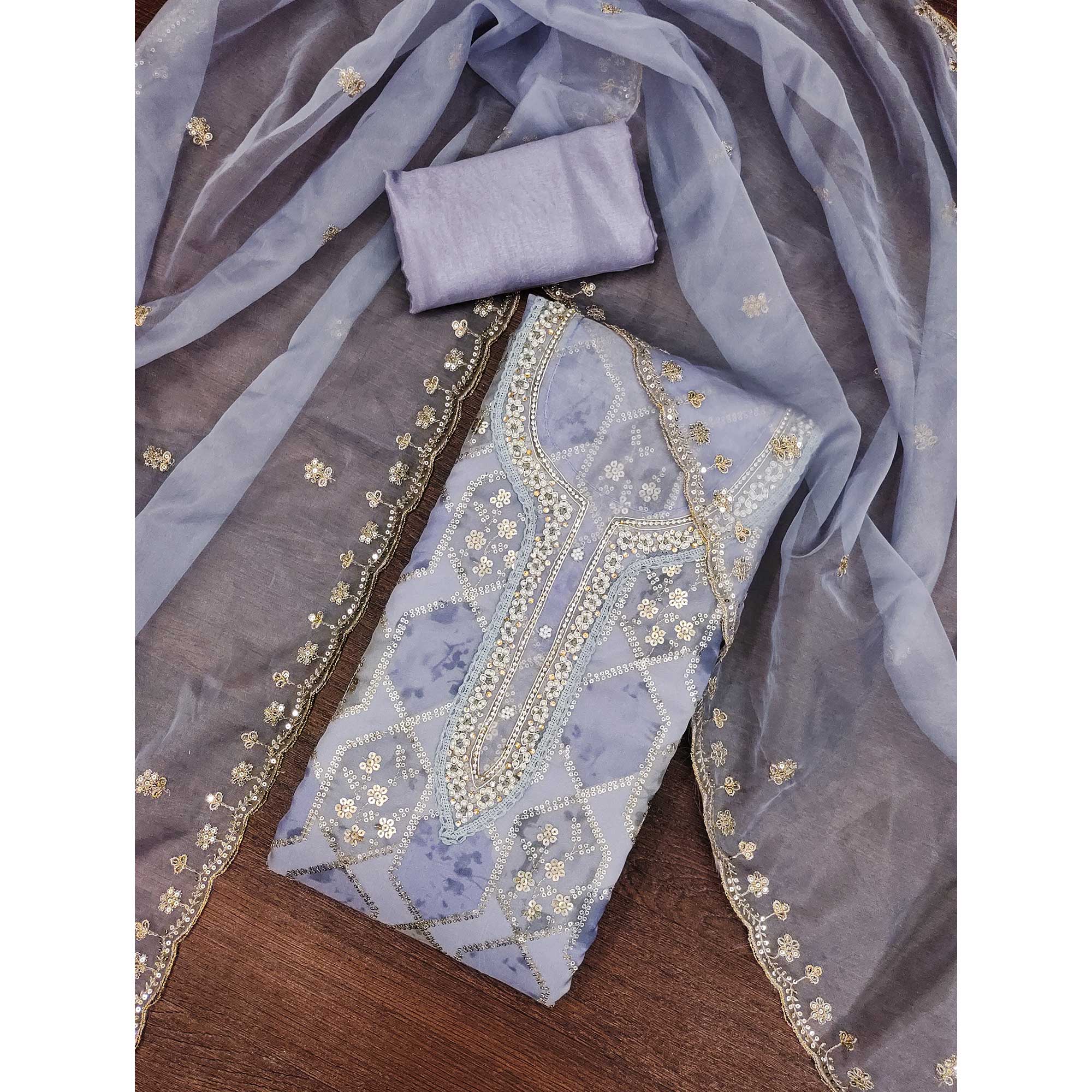 Lavender Floral Sequins Embroidery With Handwork Organza Dress Material