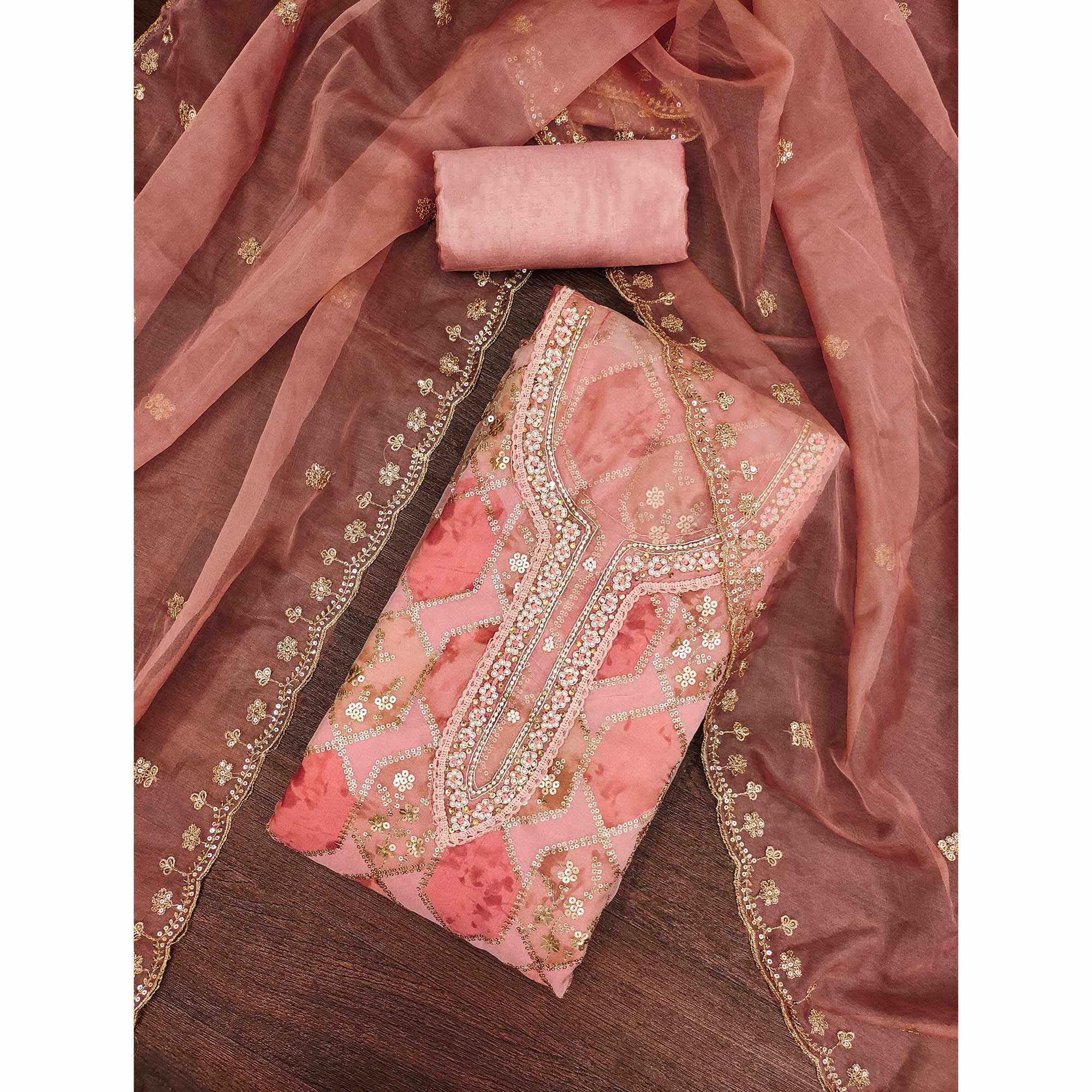 Peach Floral Sequins Embroidery With Handwork Organza Dress Material