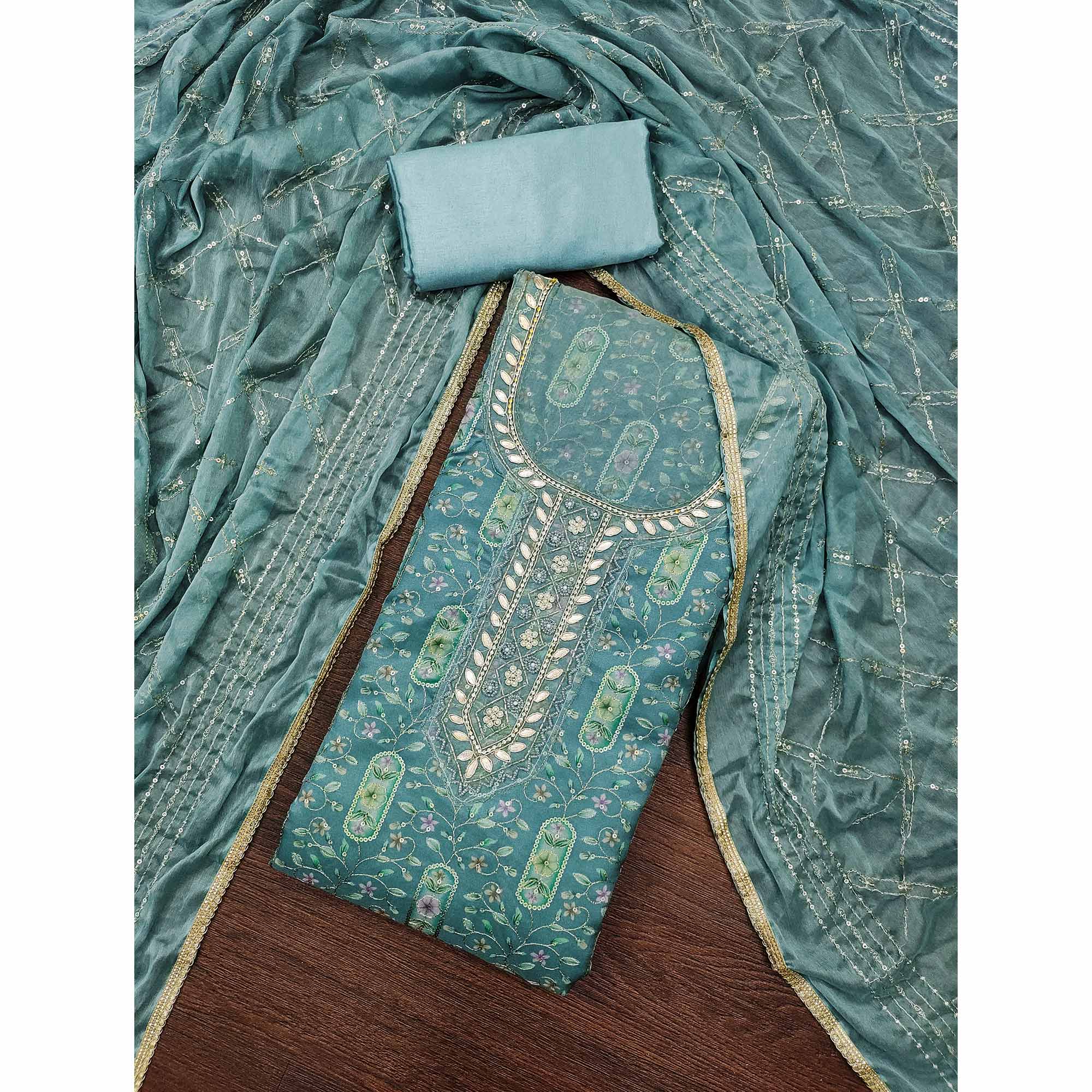 Blue Floral Sequins Embroidery With Handwork Organza Dress Material