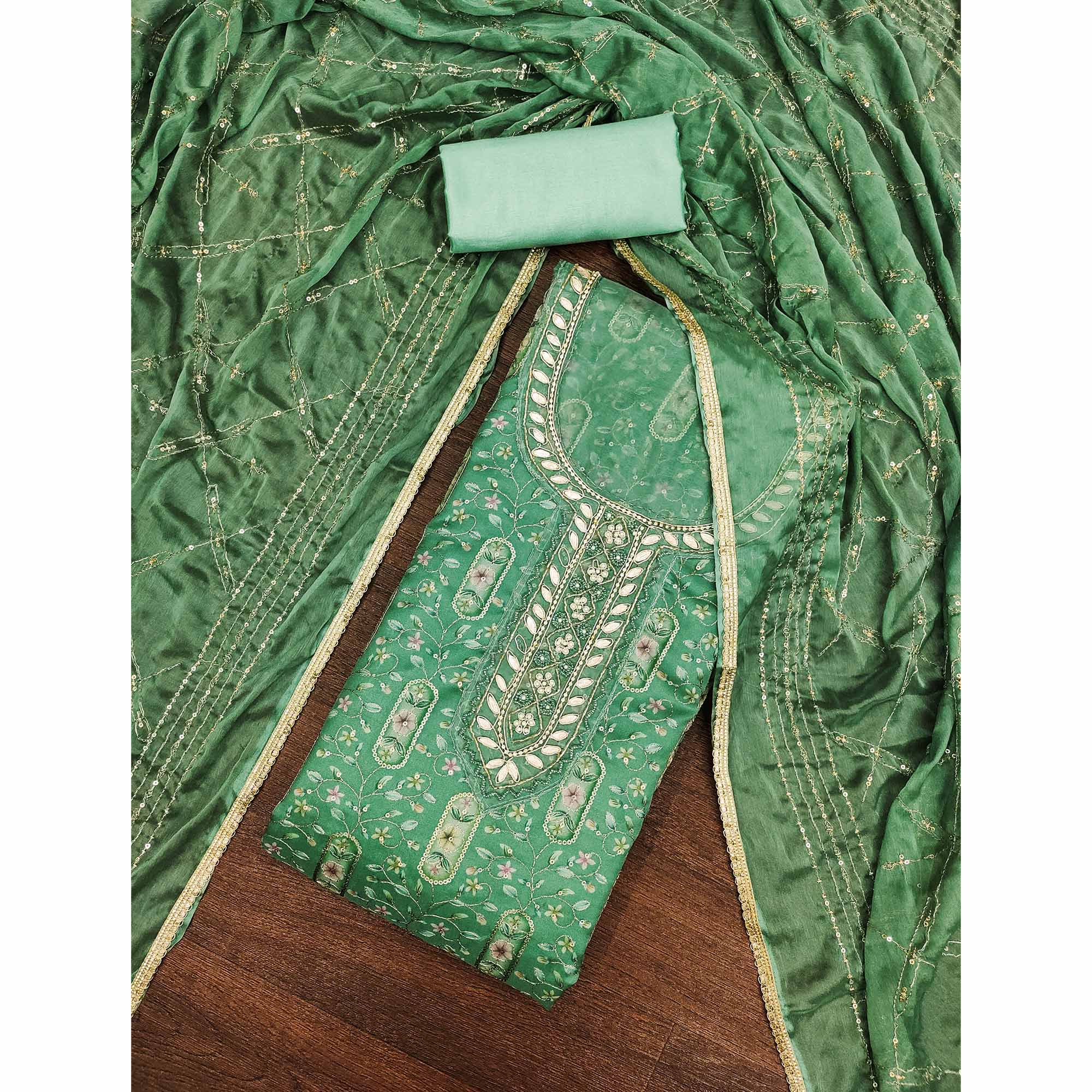 Green Floral Sequins Embroidery With Handwork Organza Dress Material