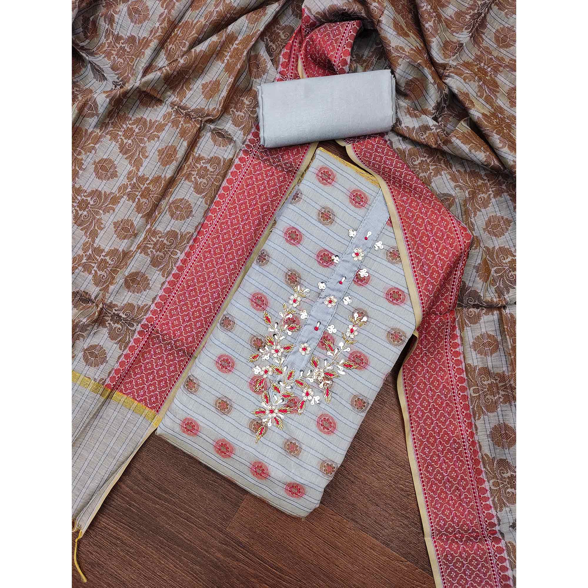 Grey Floral Woven With Handwork Banarasi Silk Dress Material