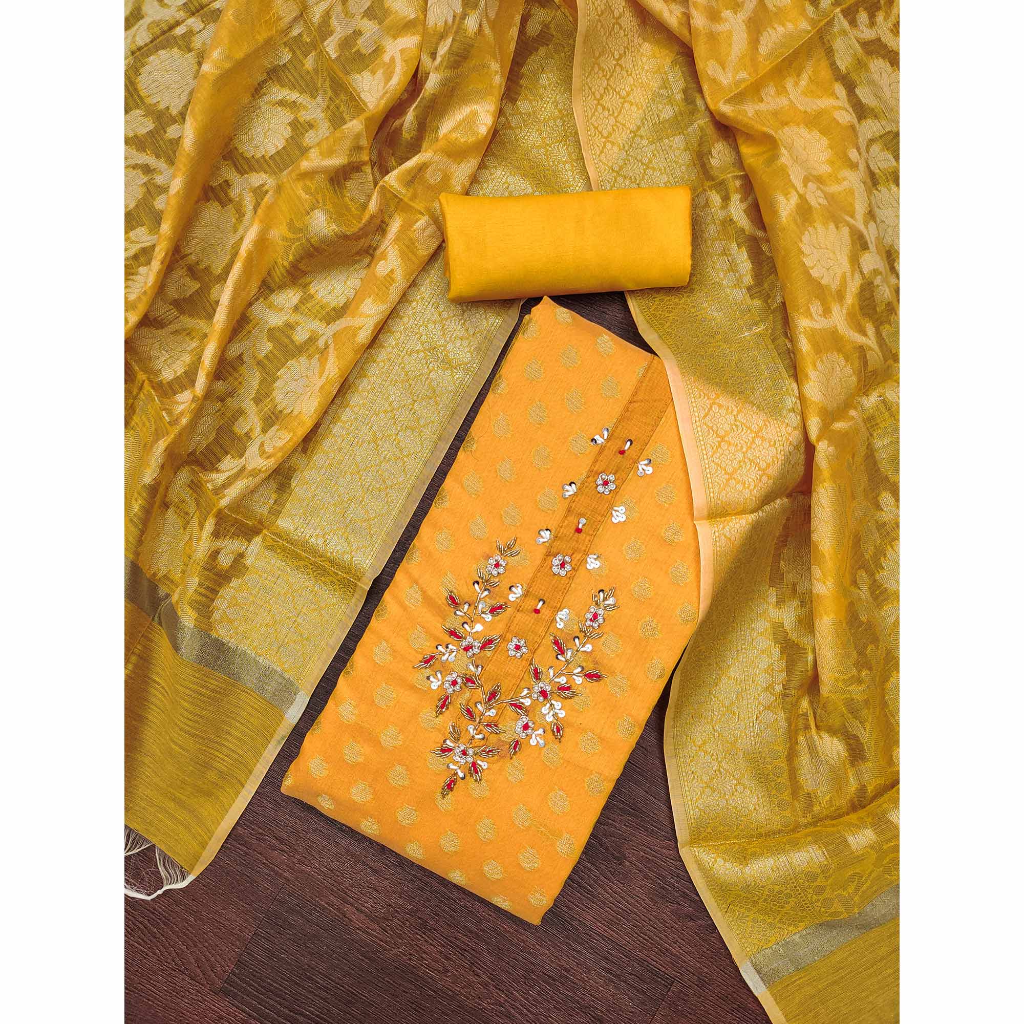 Yellow Floral Woven With Handwork Banarasi Silk Dress Material
