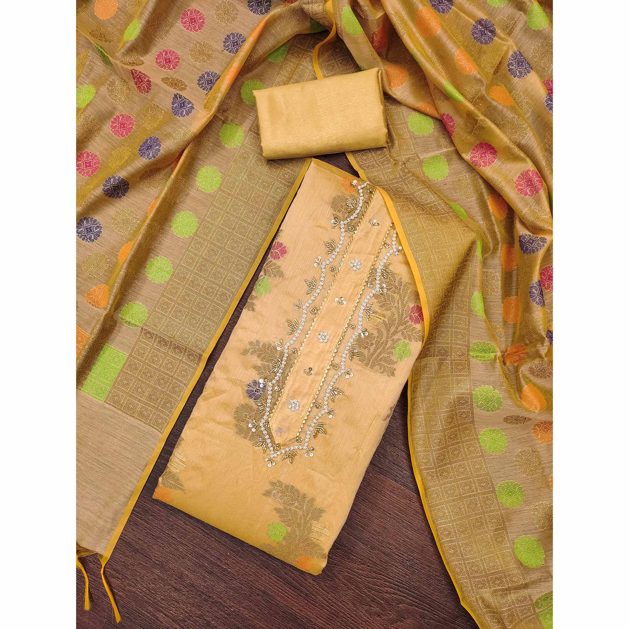 Chikoo Floral Woven With Handwork Banarasi Silk Dress Material