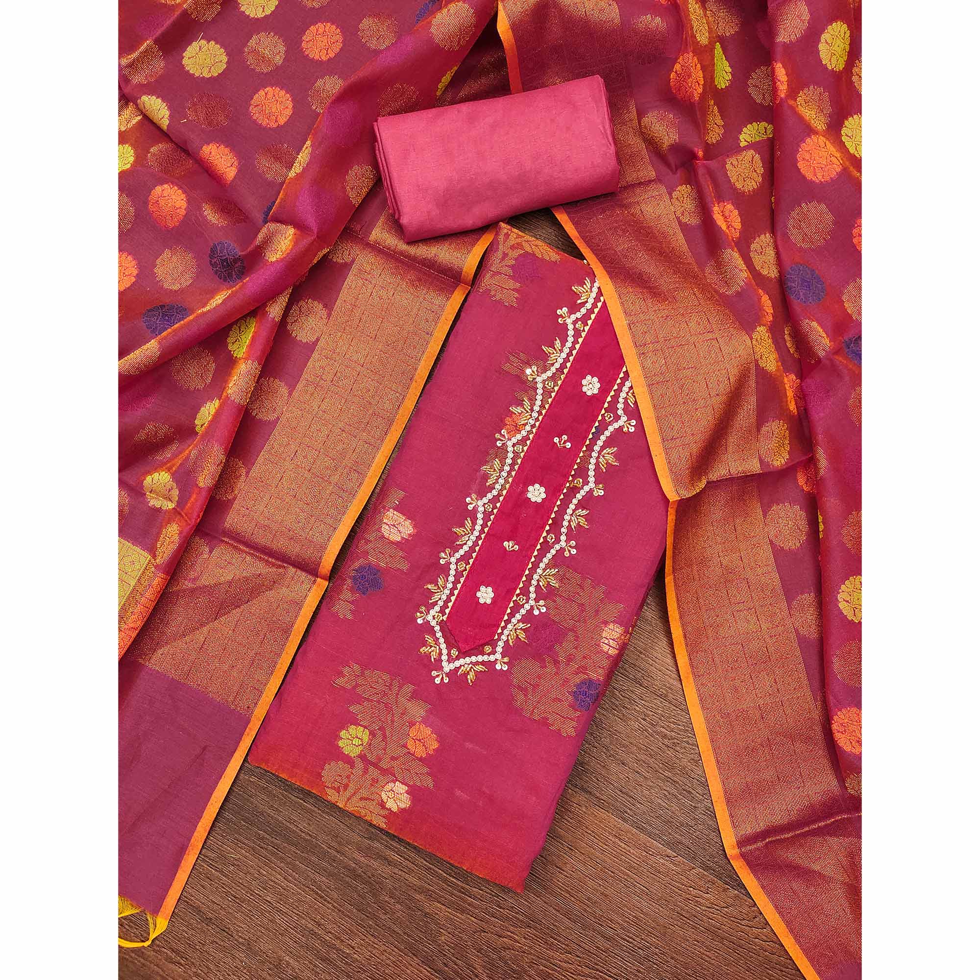 Pink Floral Woven With Handwork Banarasi Silk Dress Material