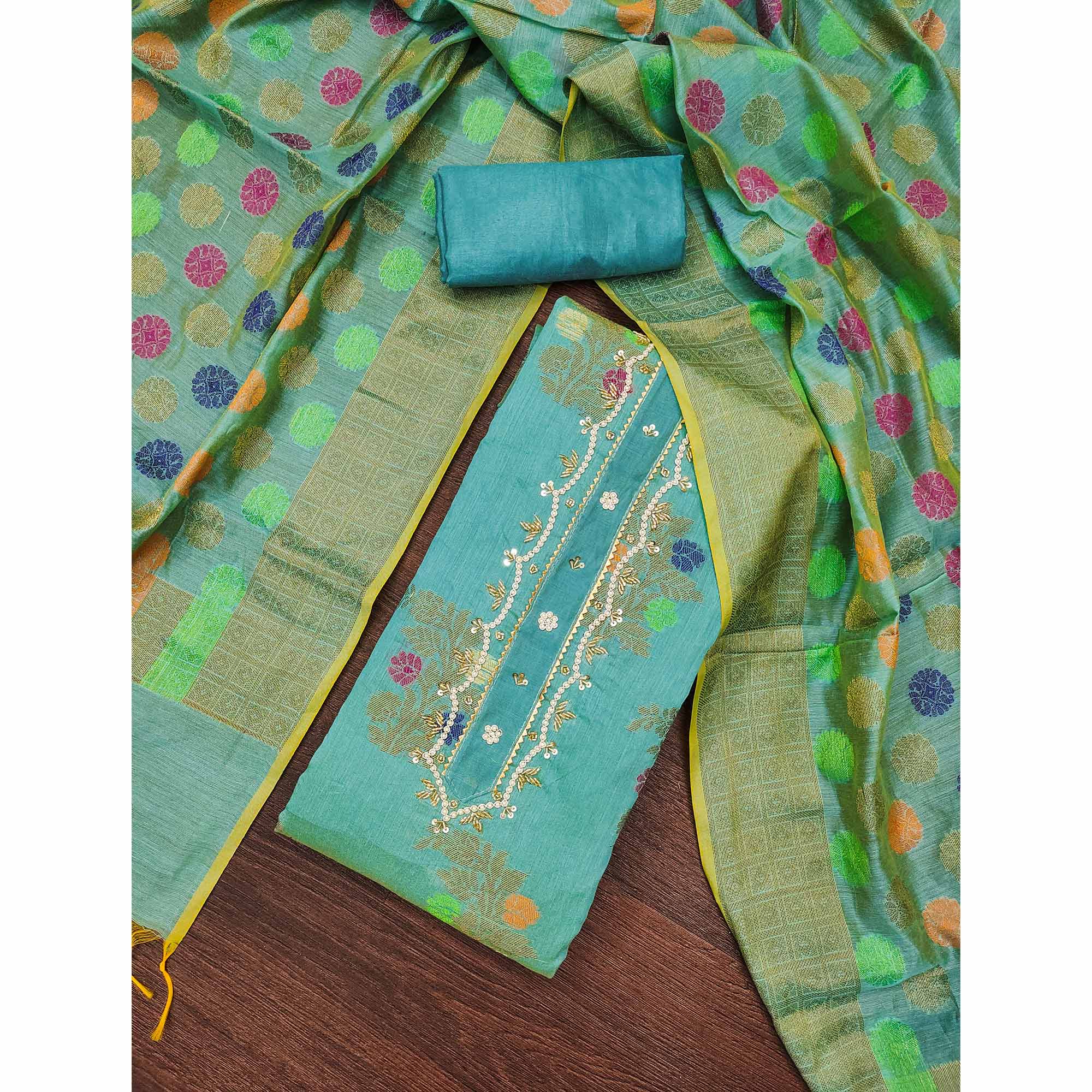 Turquoise Floral Woven With Handwork Banarasi Silk Dress Material