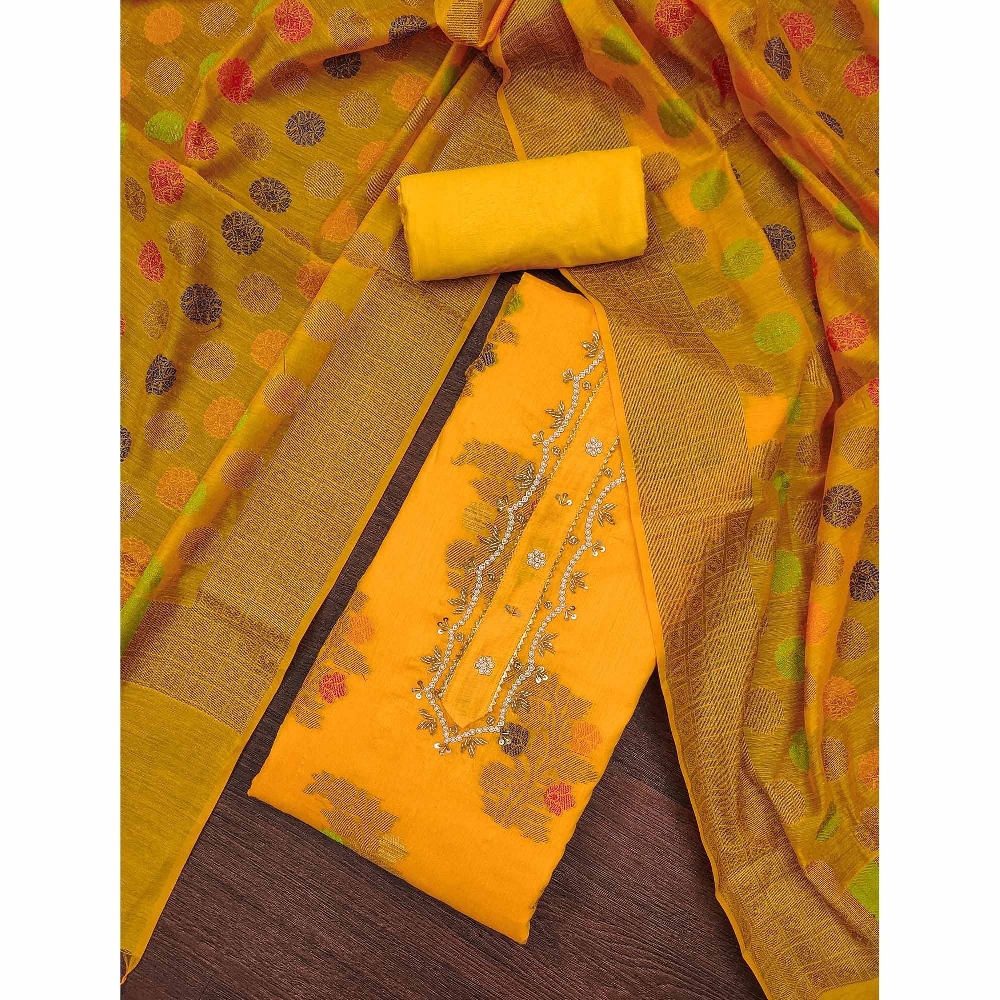 Yellow Floral Woven With Handwork Banarasi Silk Dress Material