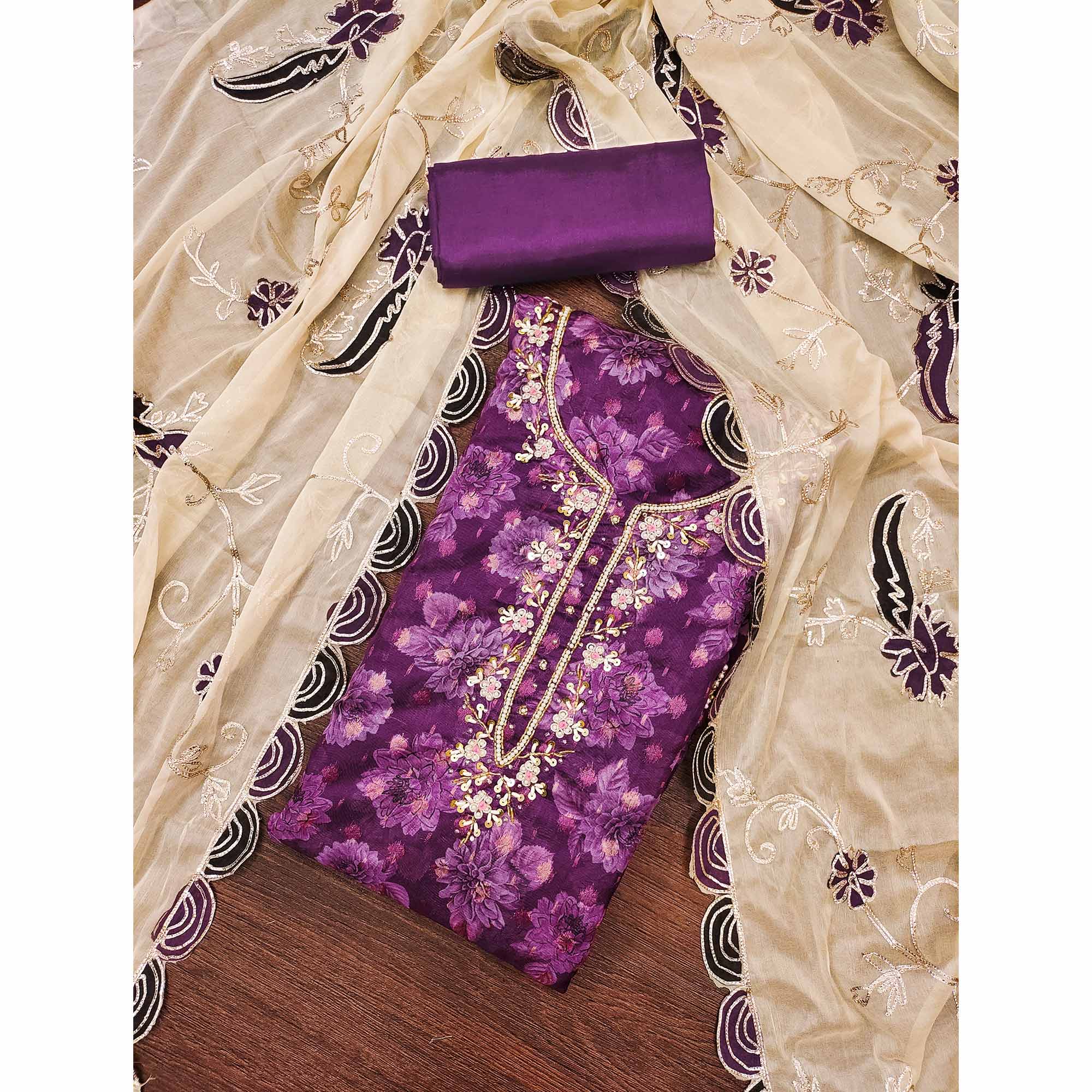 Purple Floral Printed With Handwork Viscose Banarasi Dress Material
