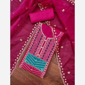 Pink Floral Sequins Embroidered Roman Cotton Silk Dress Material