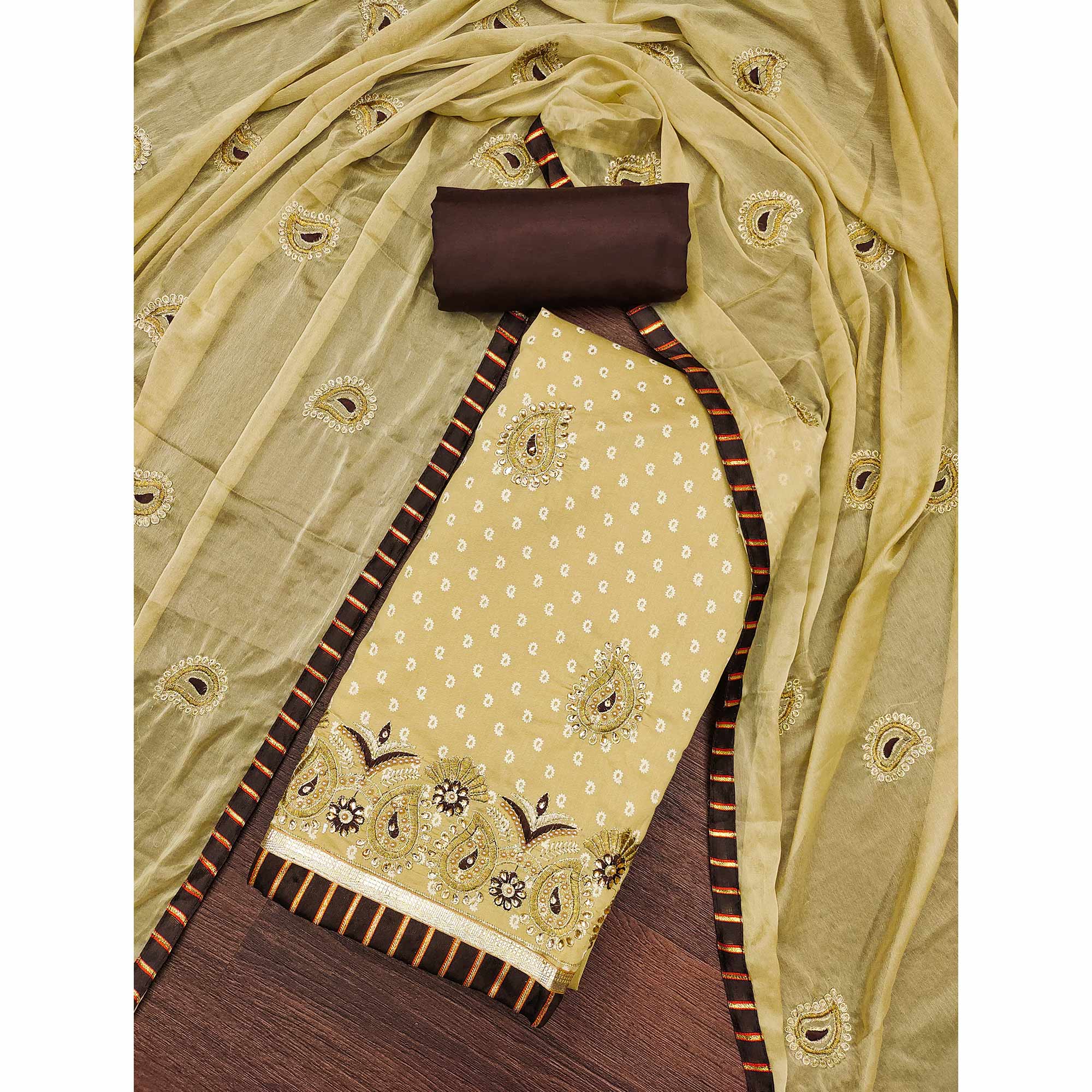 Beige Zari Embroidery With Handwork Roman Cotton Silk Dress Material