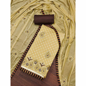 Beige Zari Embroidery With Handwork Roman Cotton Silk Dress Material