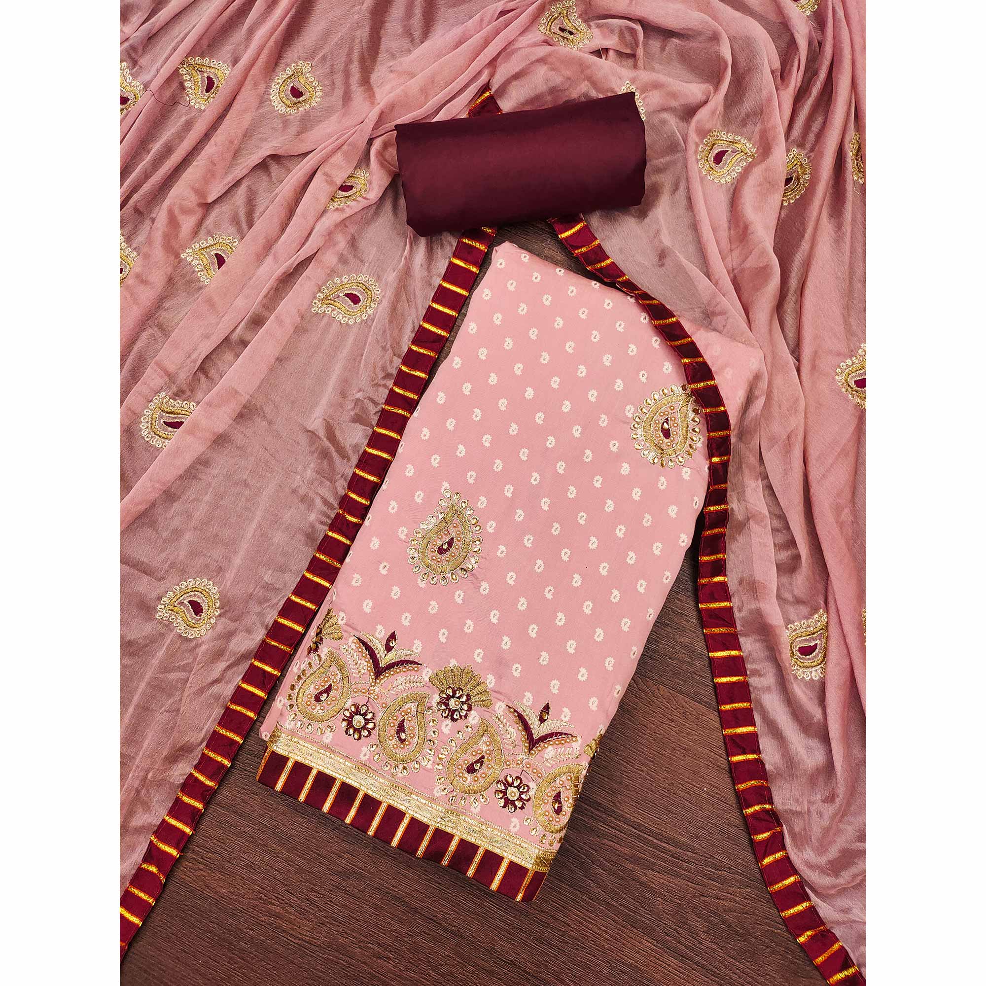 Peach Zari Embroidery With Handwork Roman Cotton Silk Dress Material