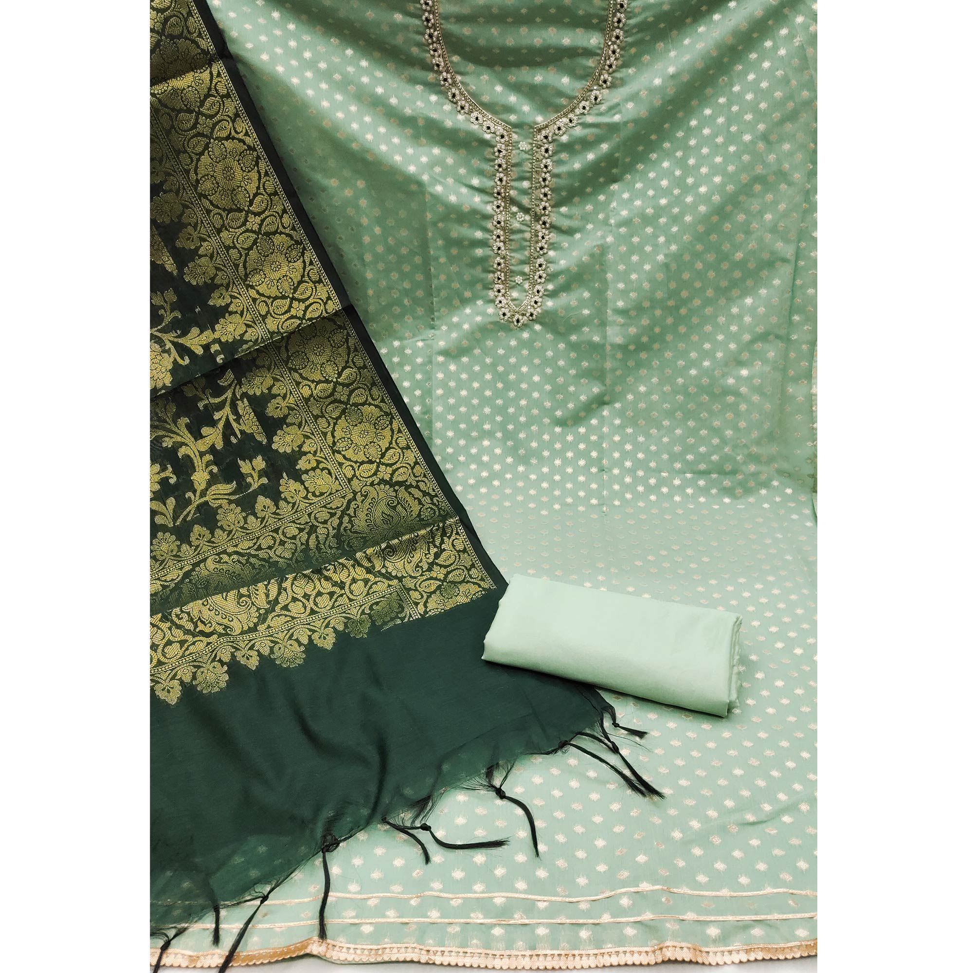 Sea Green Floral Woven With Handwork Banarasi Silk Jacquard Dress Material