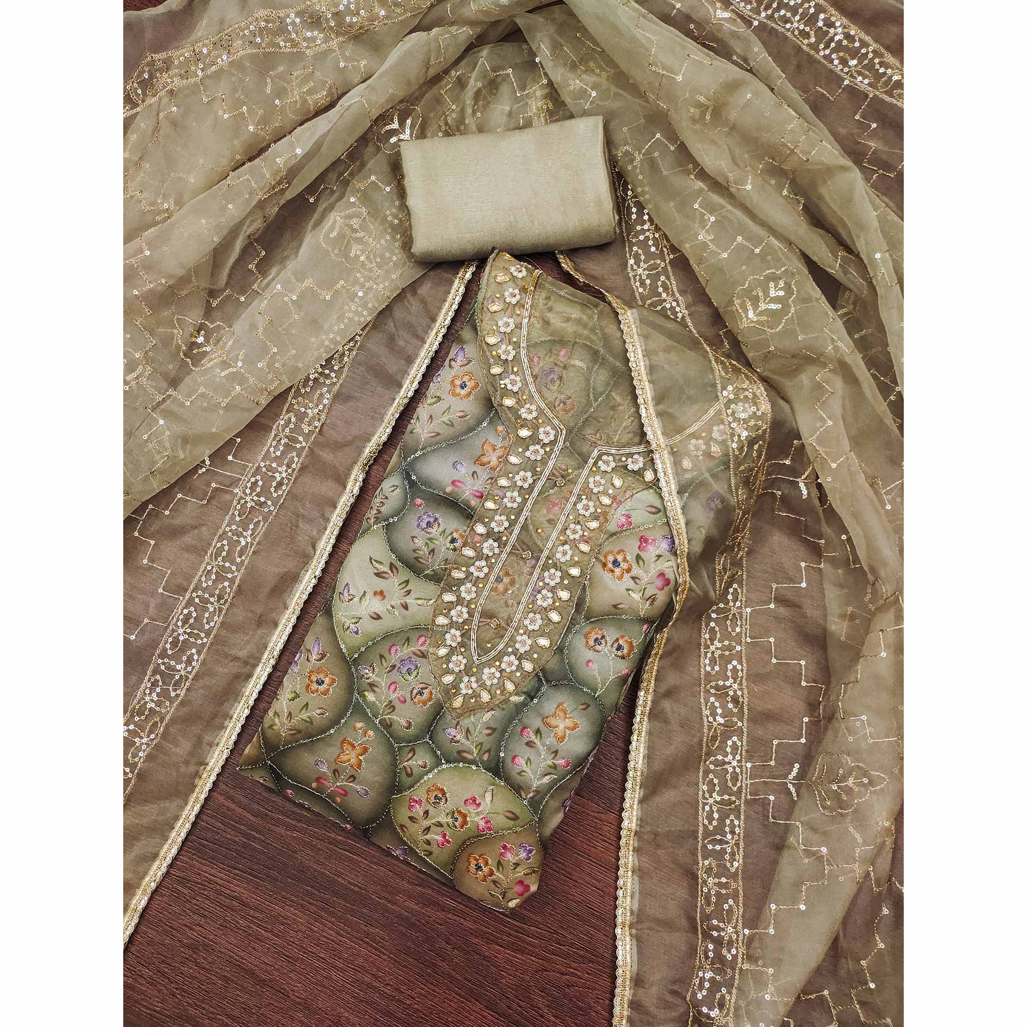 Grey Floral Sequins Embroidery With Handwork Organza Dress Material