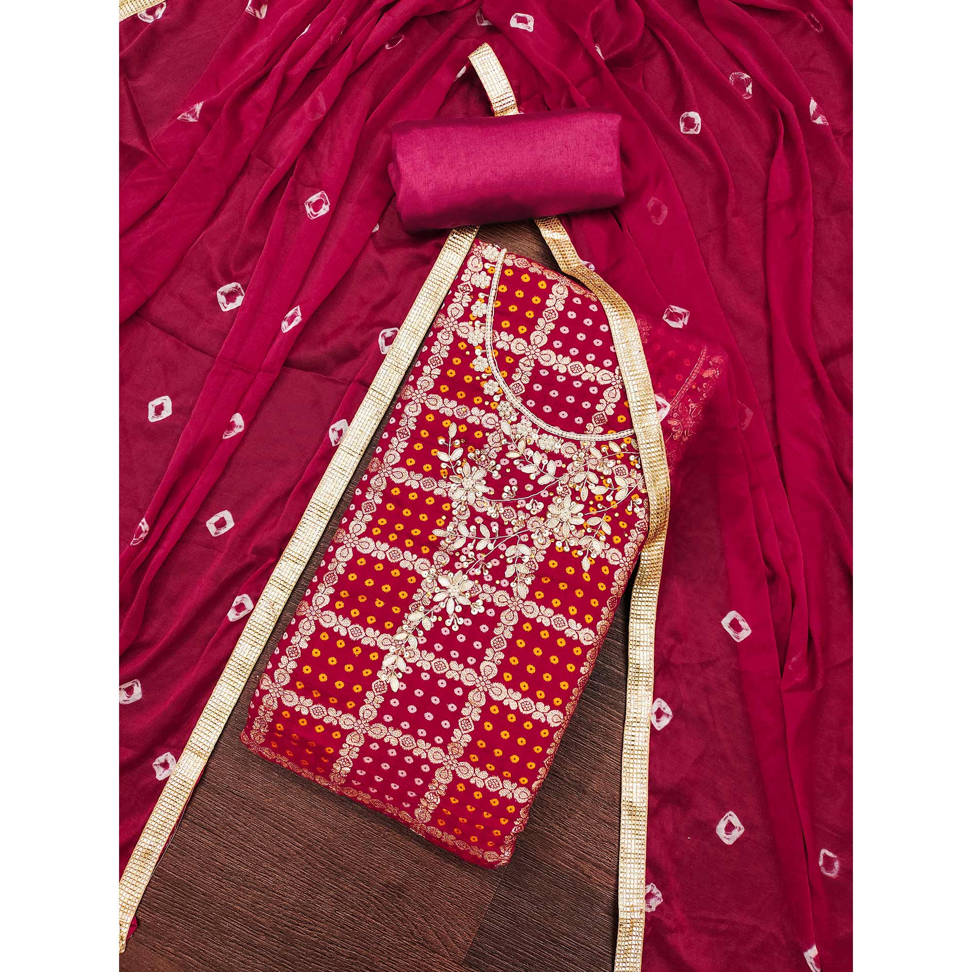 Pink Bandhani Woven With Handwork Cotton Silk Banarasi Dress Material