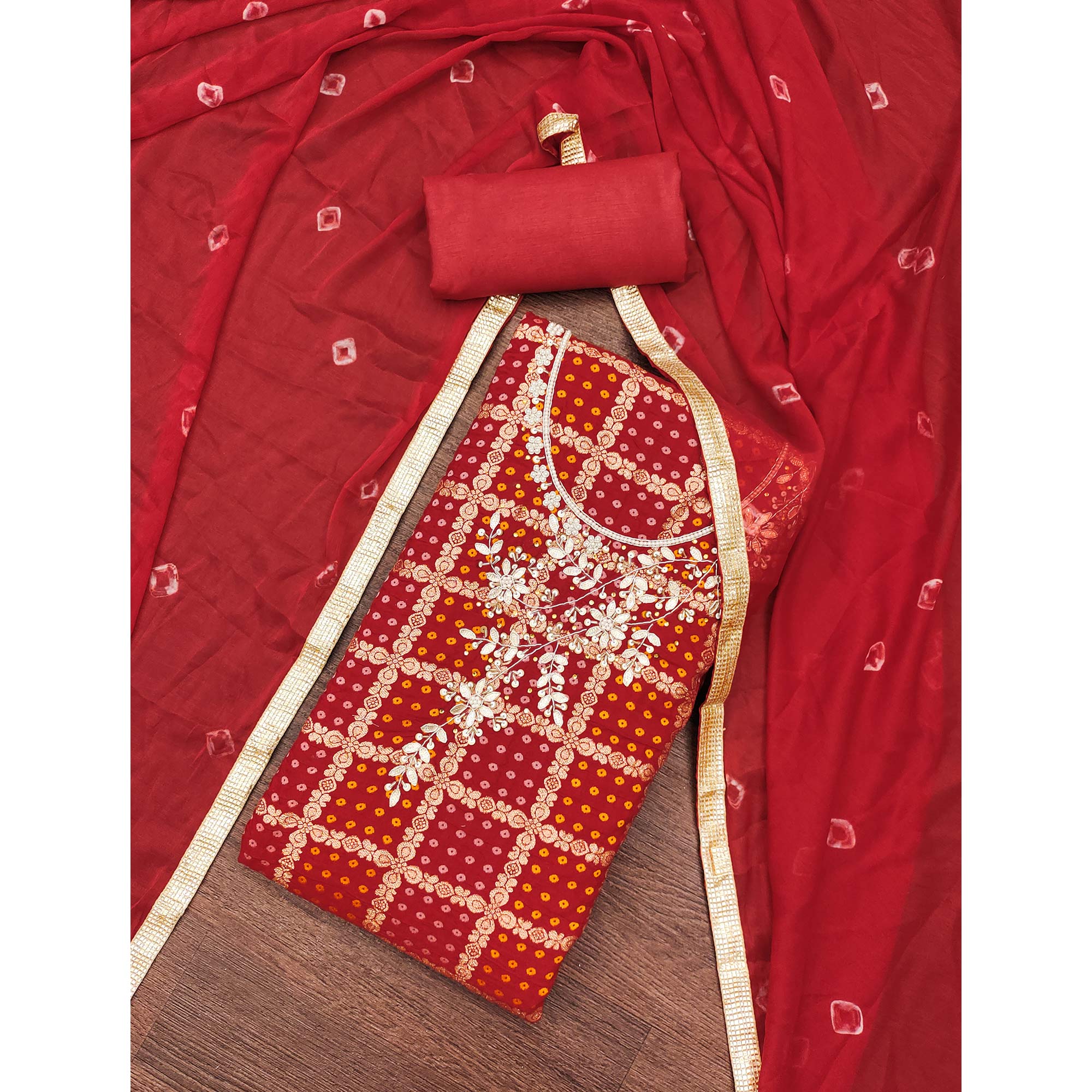 Red Bandhani Woven With Handwork Cotton Silk Banarasi Dress Material