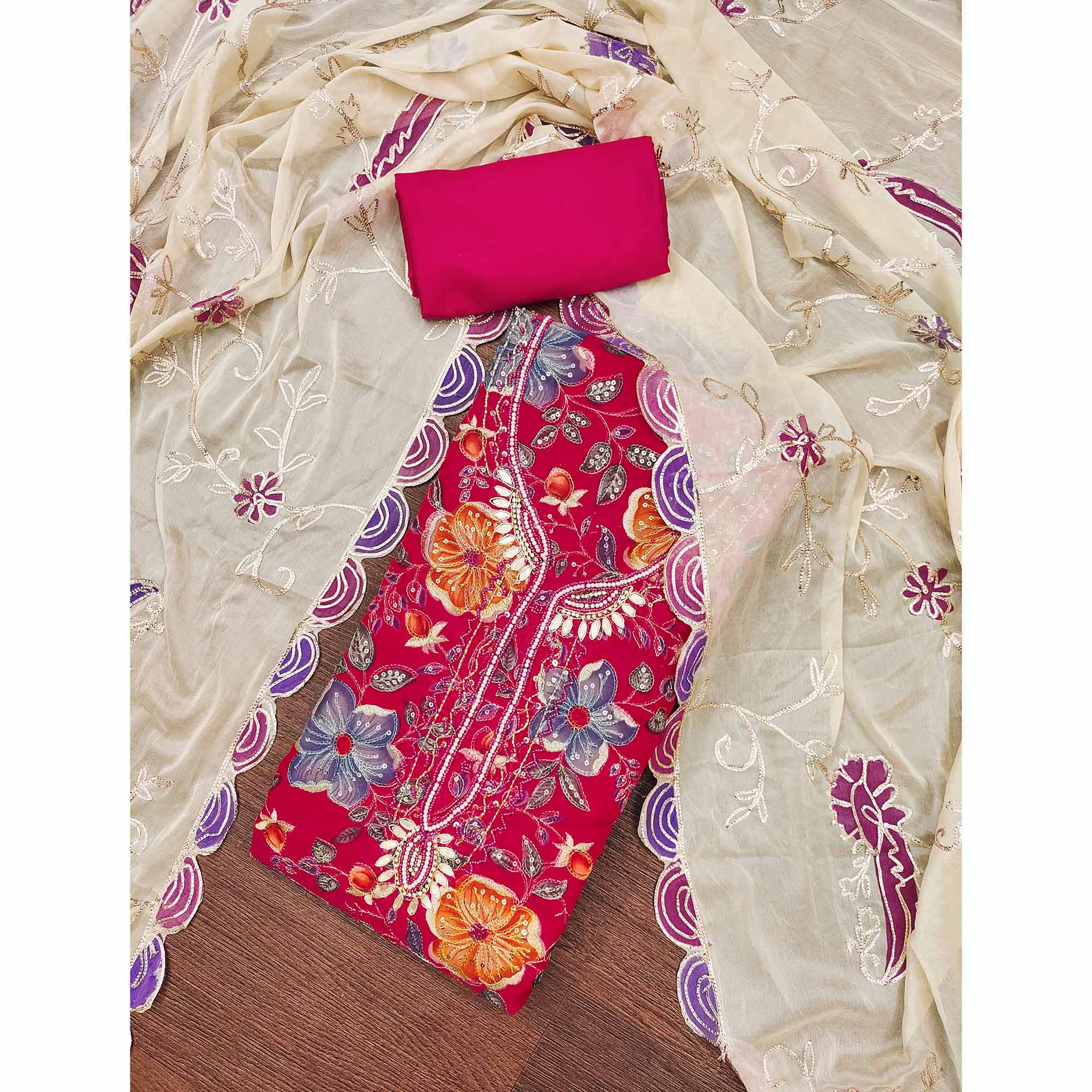 Pink Sequins Embroidery With Handwork Organza Dress Material