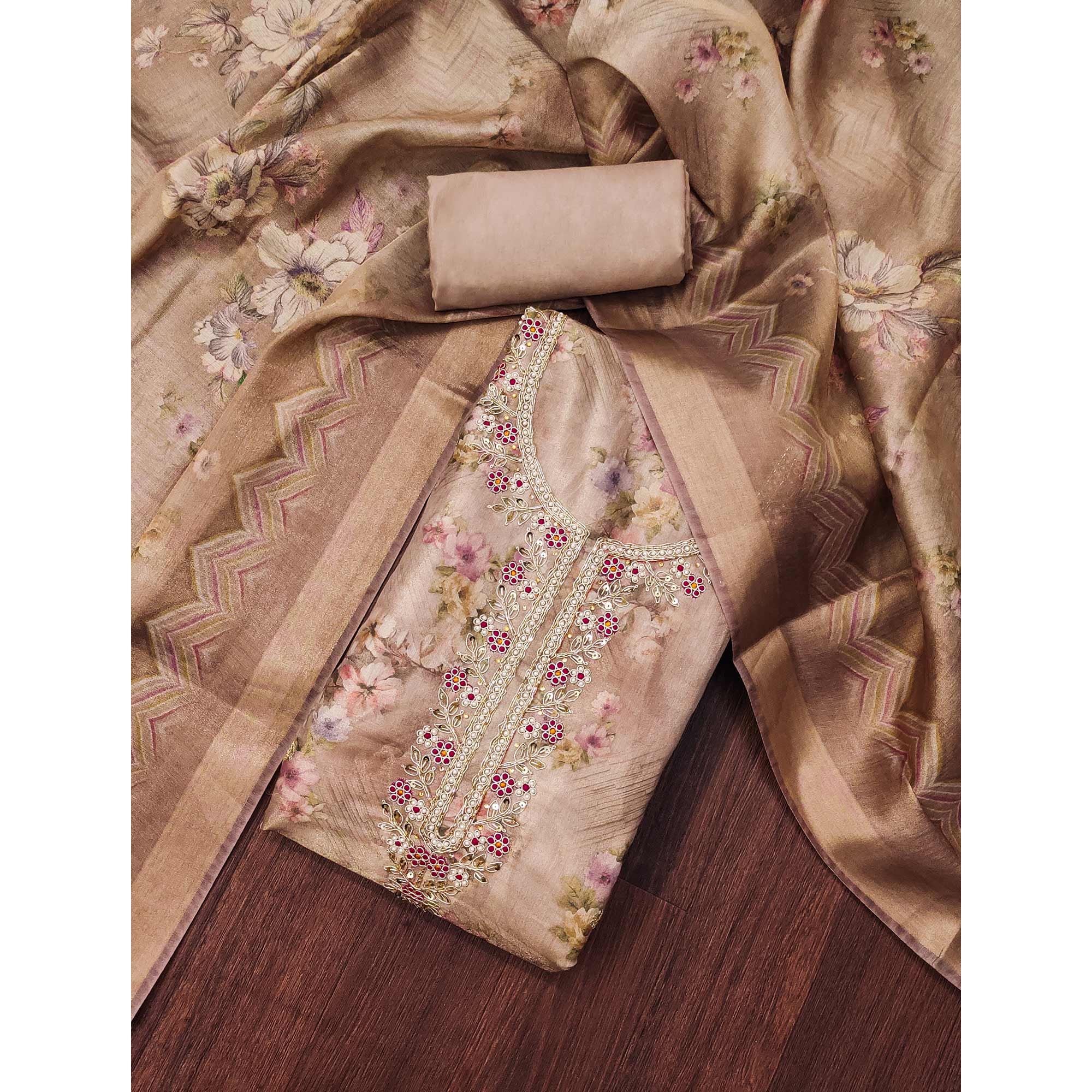 Brown Floral Digital Printed With Handwork Viscose Dress Material