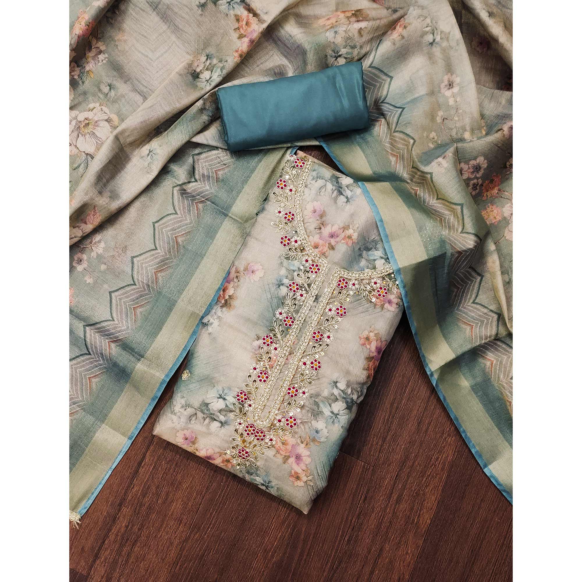 Morpich Floral Digital Printed With Handwork Viscose Dress Material