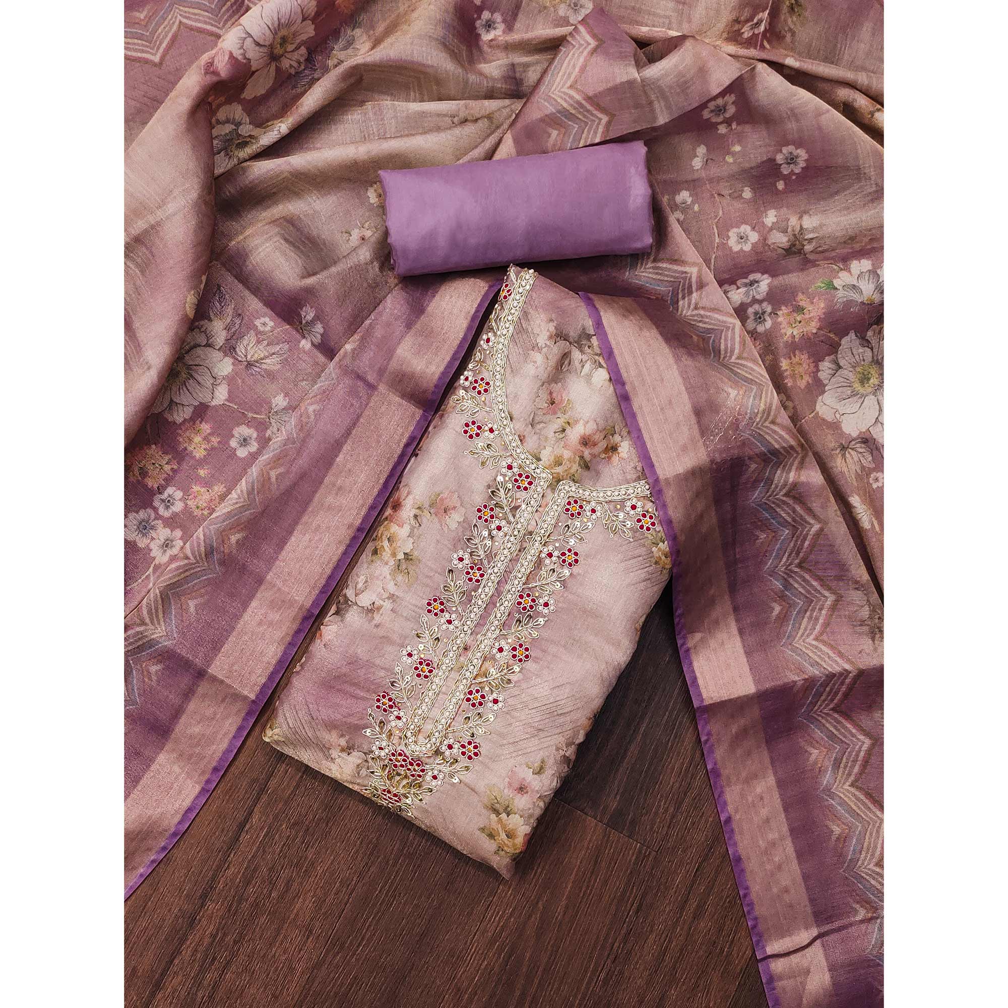 Purple Floral Digital Printed With Handwork Viscose Dress Material