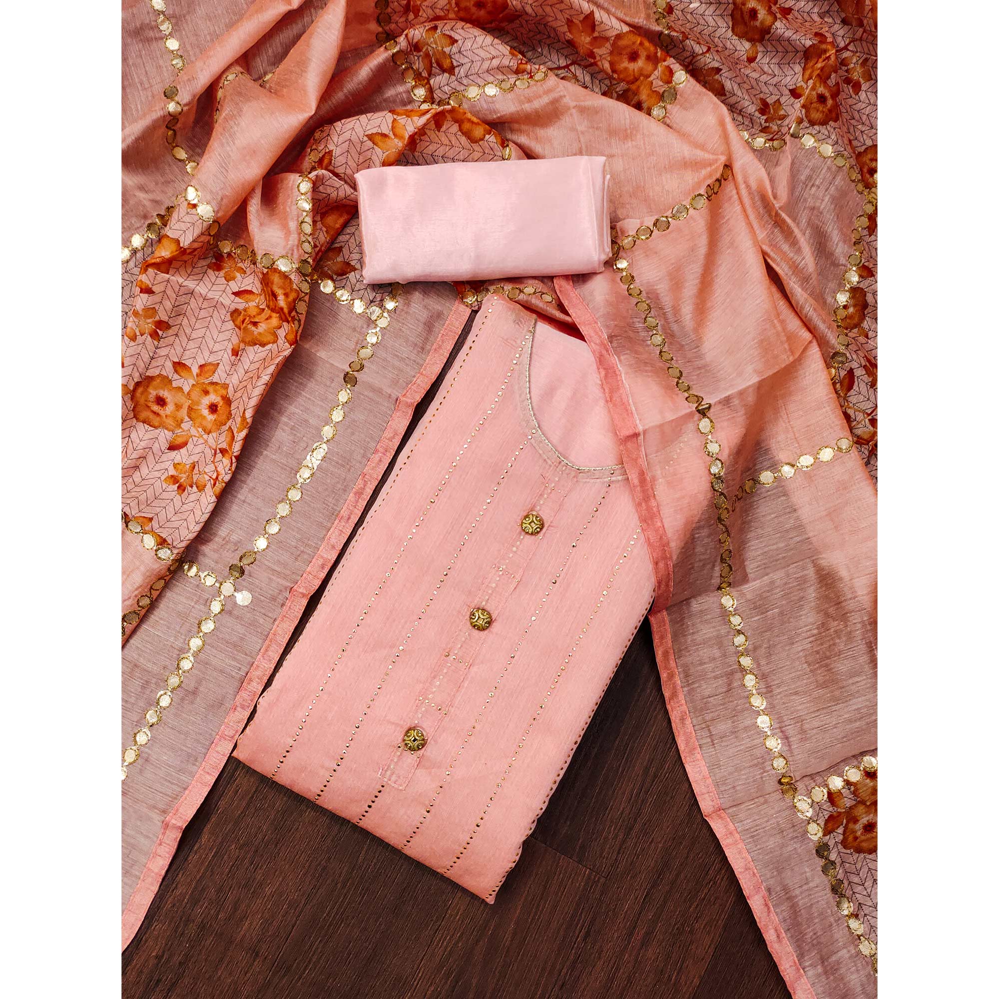 Peach Hand Printed With Gota Patti Work Chanderi Silk Dress Material