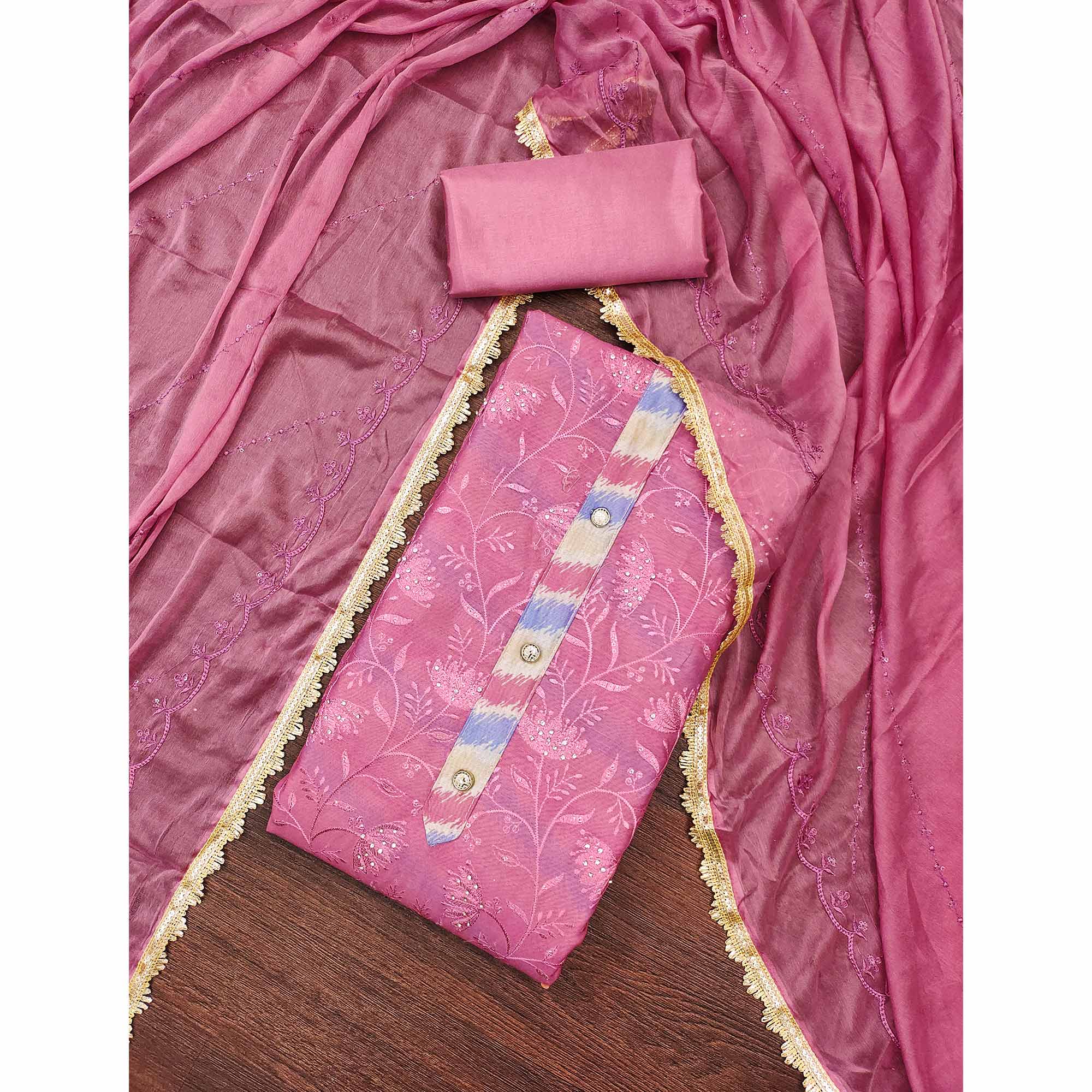 Pink Floral Embroidery With Digital Printed Chanderi Silk Dress Material