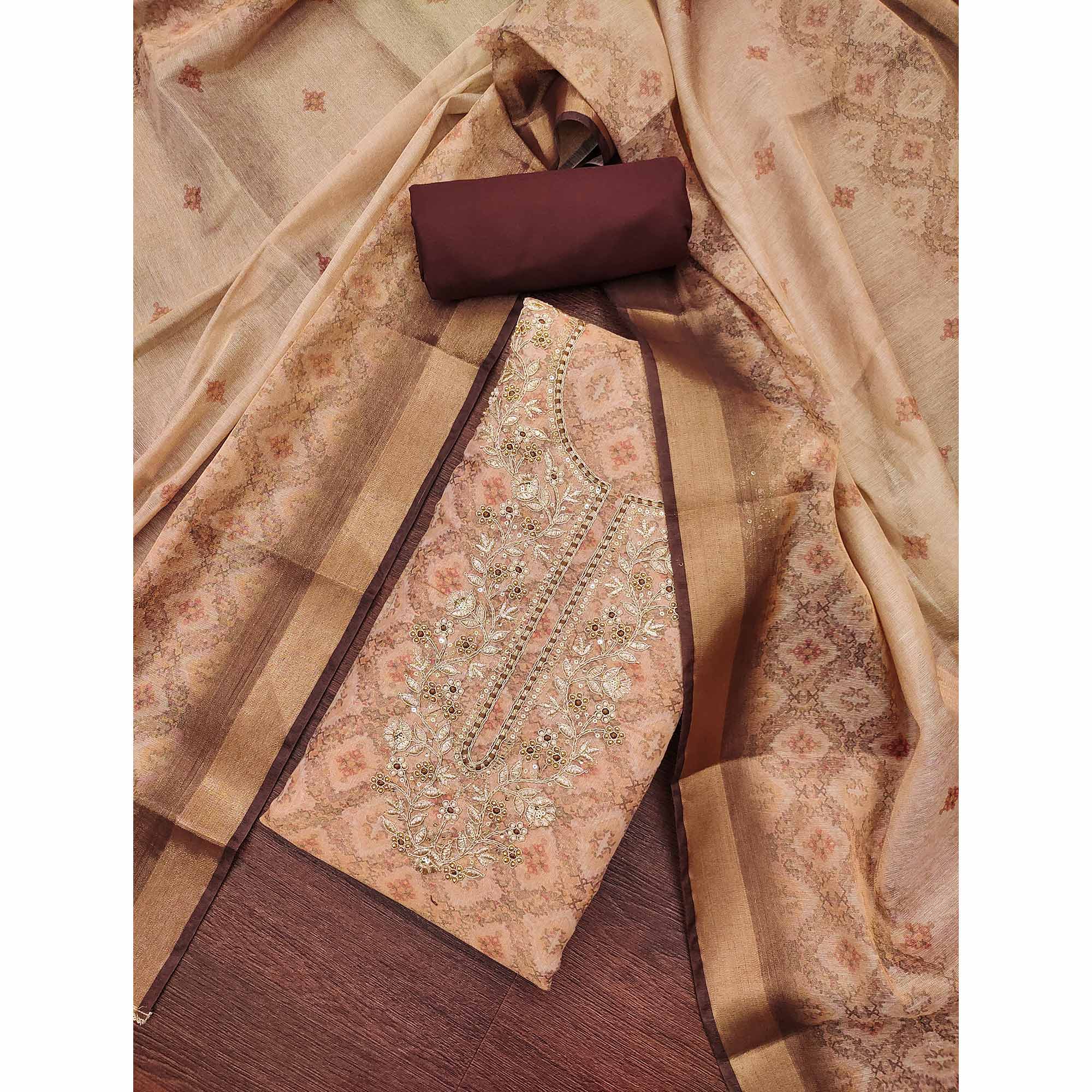 Light Peach Digital Printed With Hand Embroidered Cotton Silk Dress Material