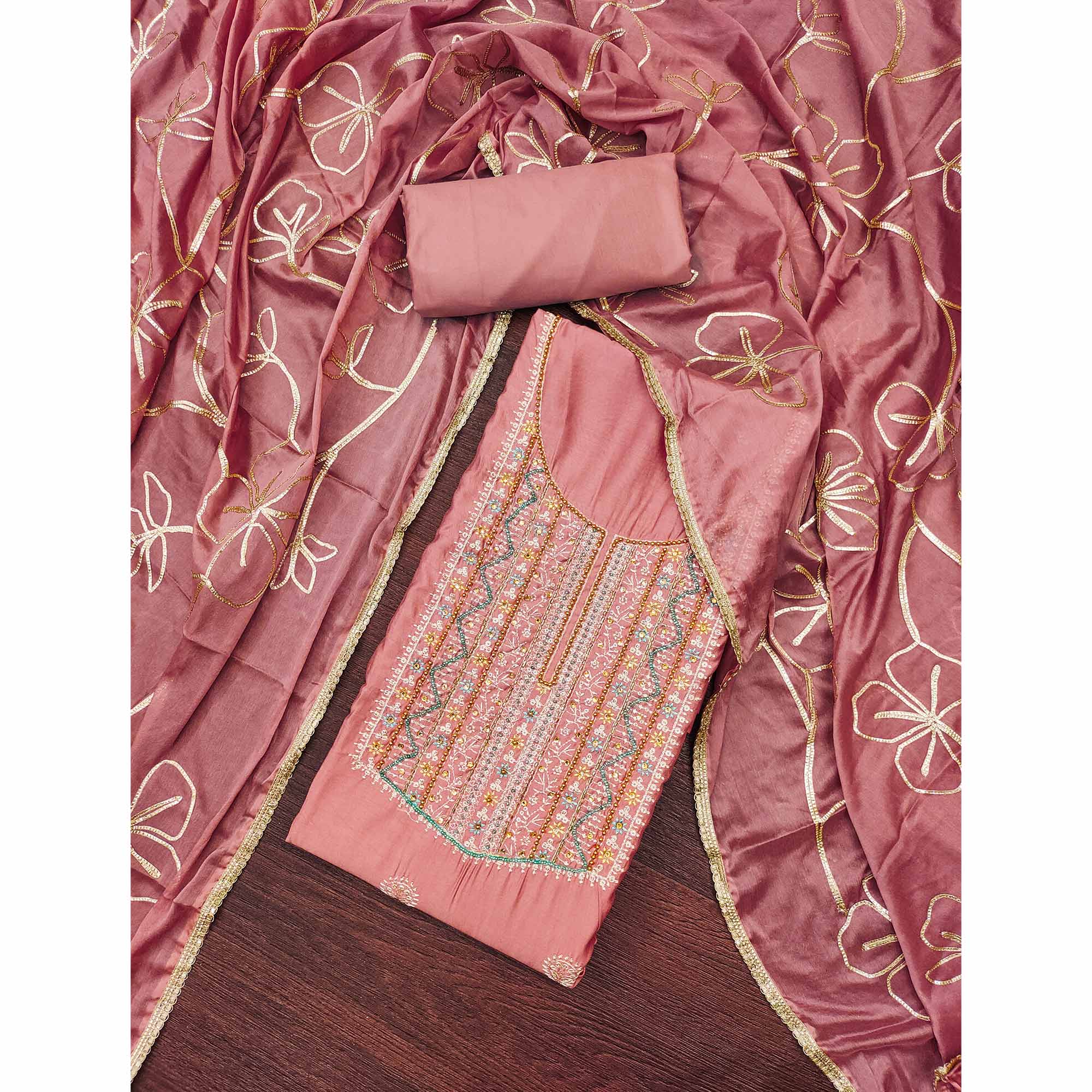 Peach Floral Sequins Embroidery With Handwork Cotton Silk Dress Material