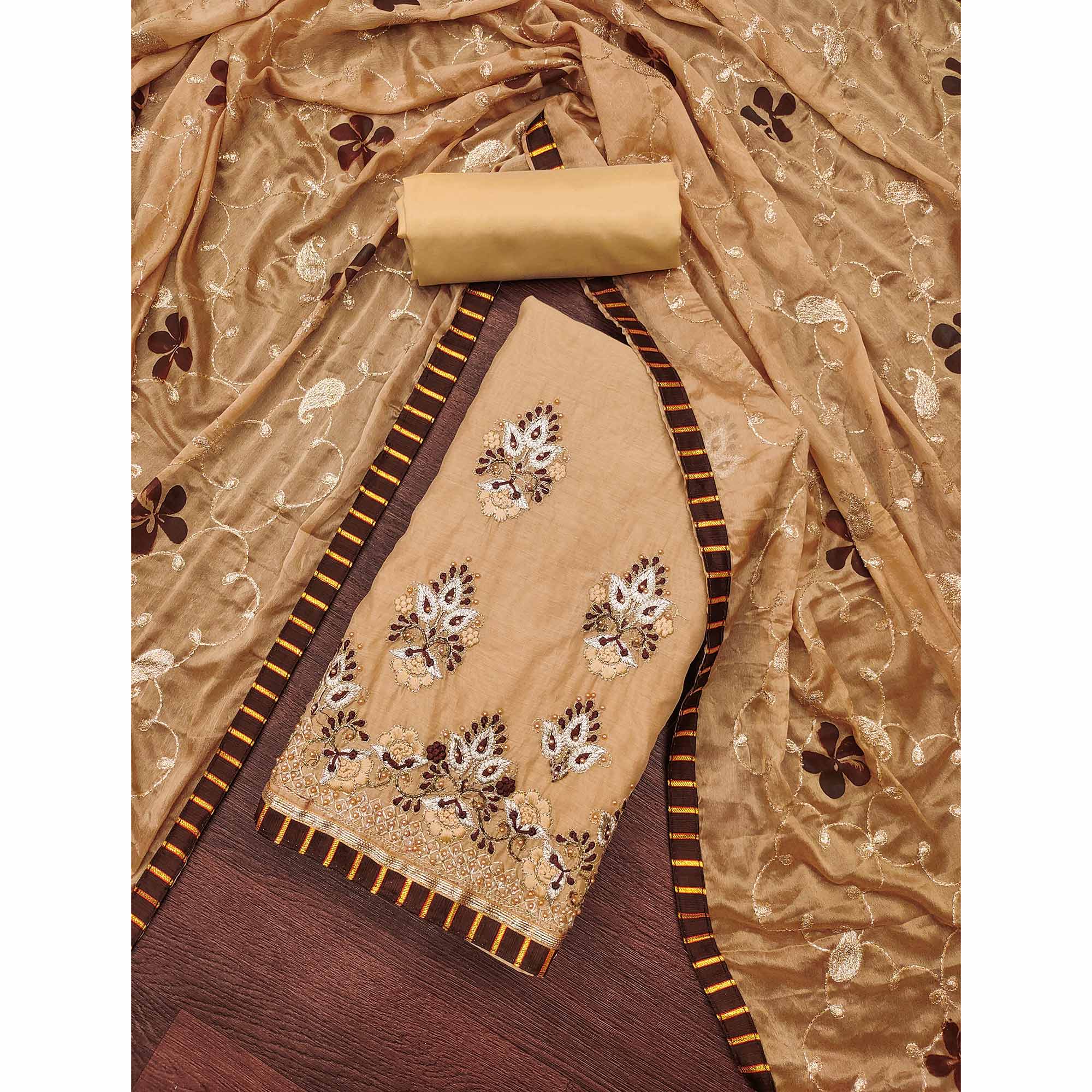 Chikoo Floral Embroidery With Moti Handwork Chanderi Silk Dress Material