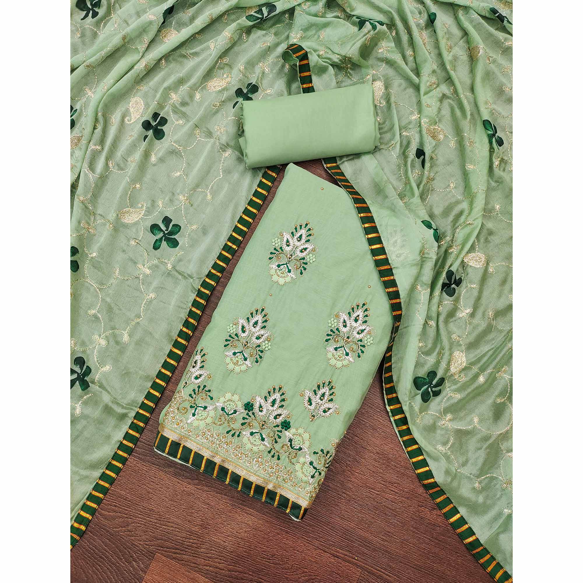 Green Floral Embroidery With Moti Handwork Chanderi Silk Dress Material