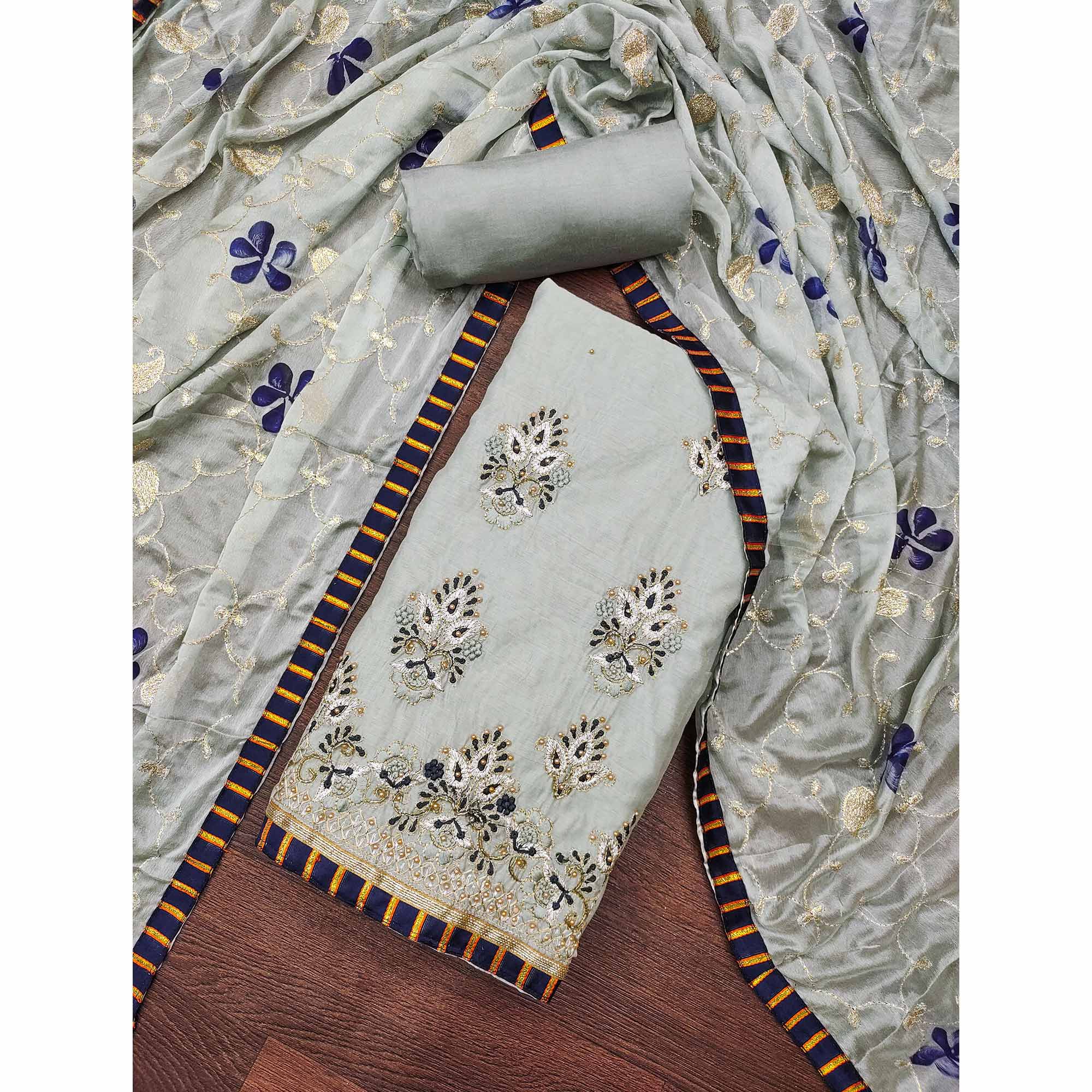 Grey Floral Embroidery With Moti Handwork Chanderi Silk Dress Material