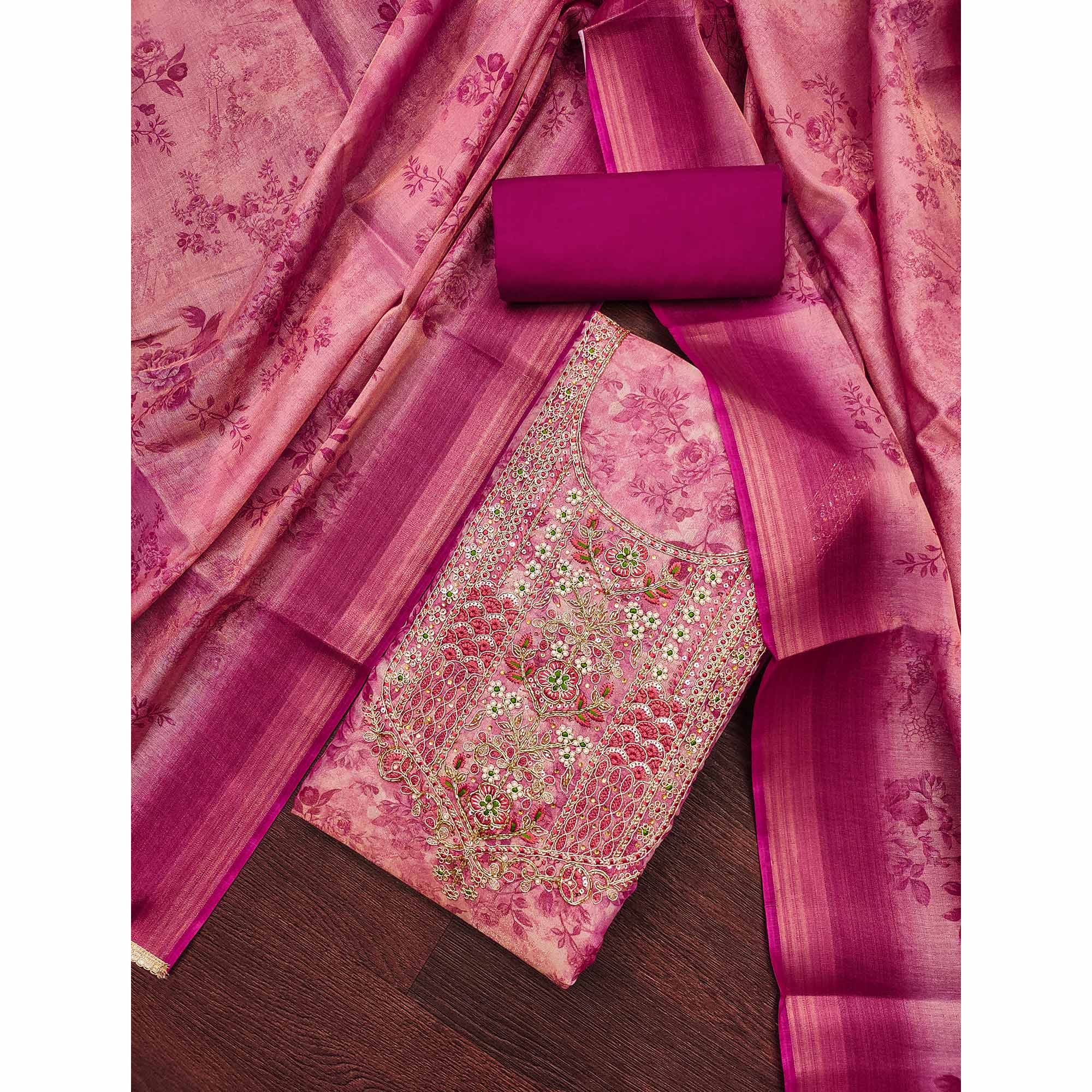 Rani Pink Floral Digital Printed With Moti Handwork Cotton Silk Dress Material