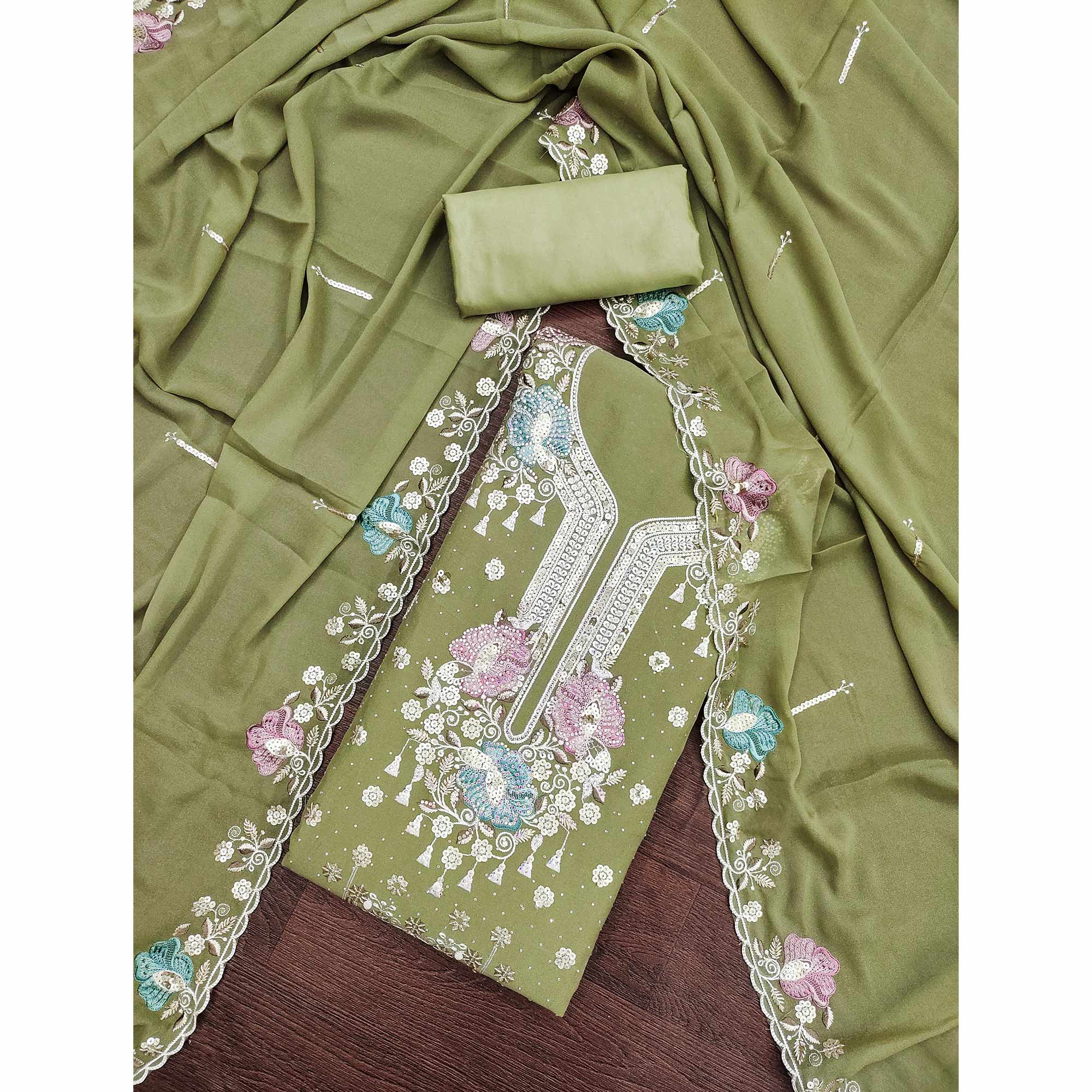 Green Floral Sequins Embroidery With Stonework Dress Material In Viscose