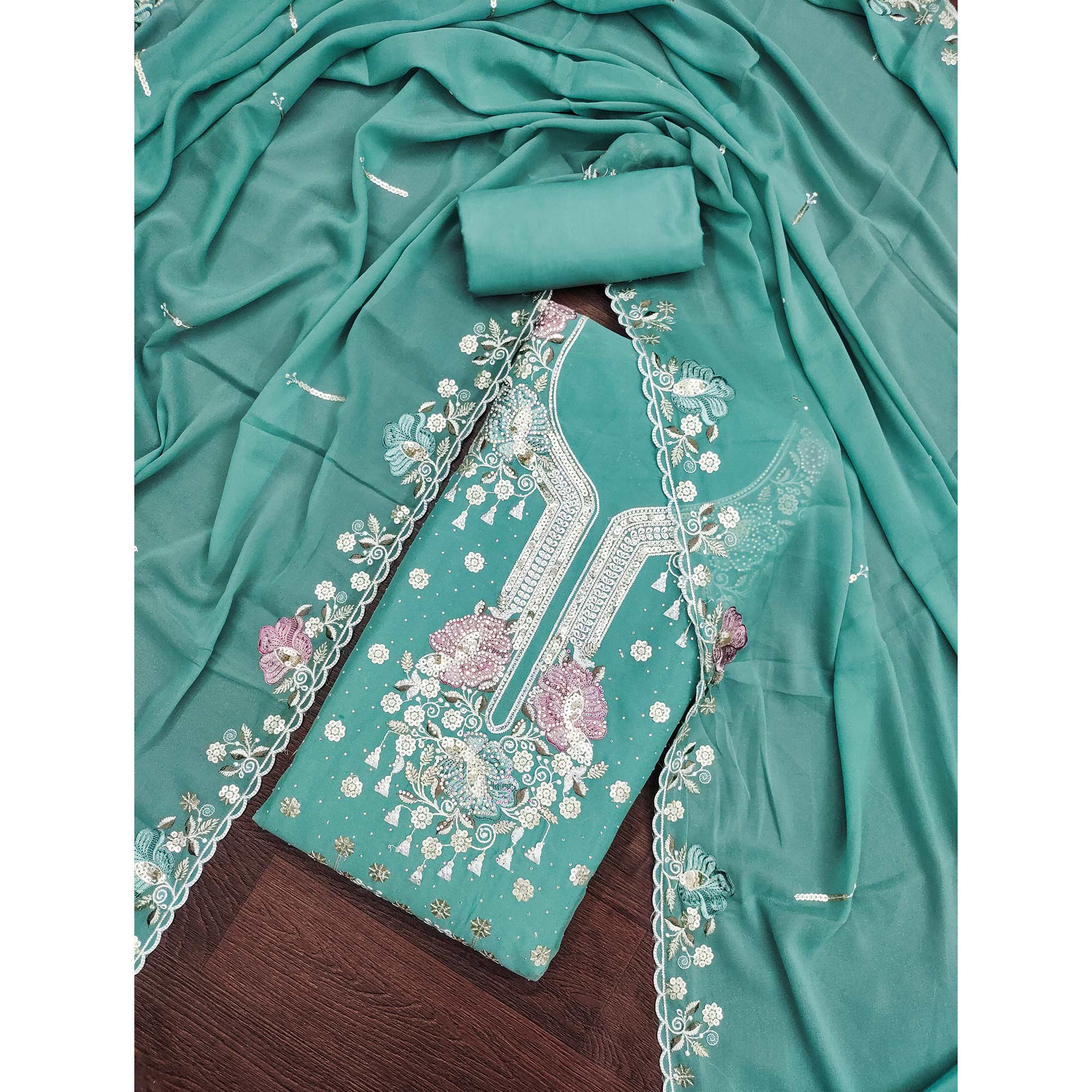 Turquoise Floral Sequins Embroidery With Stonework Dress Material In Viscose