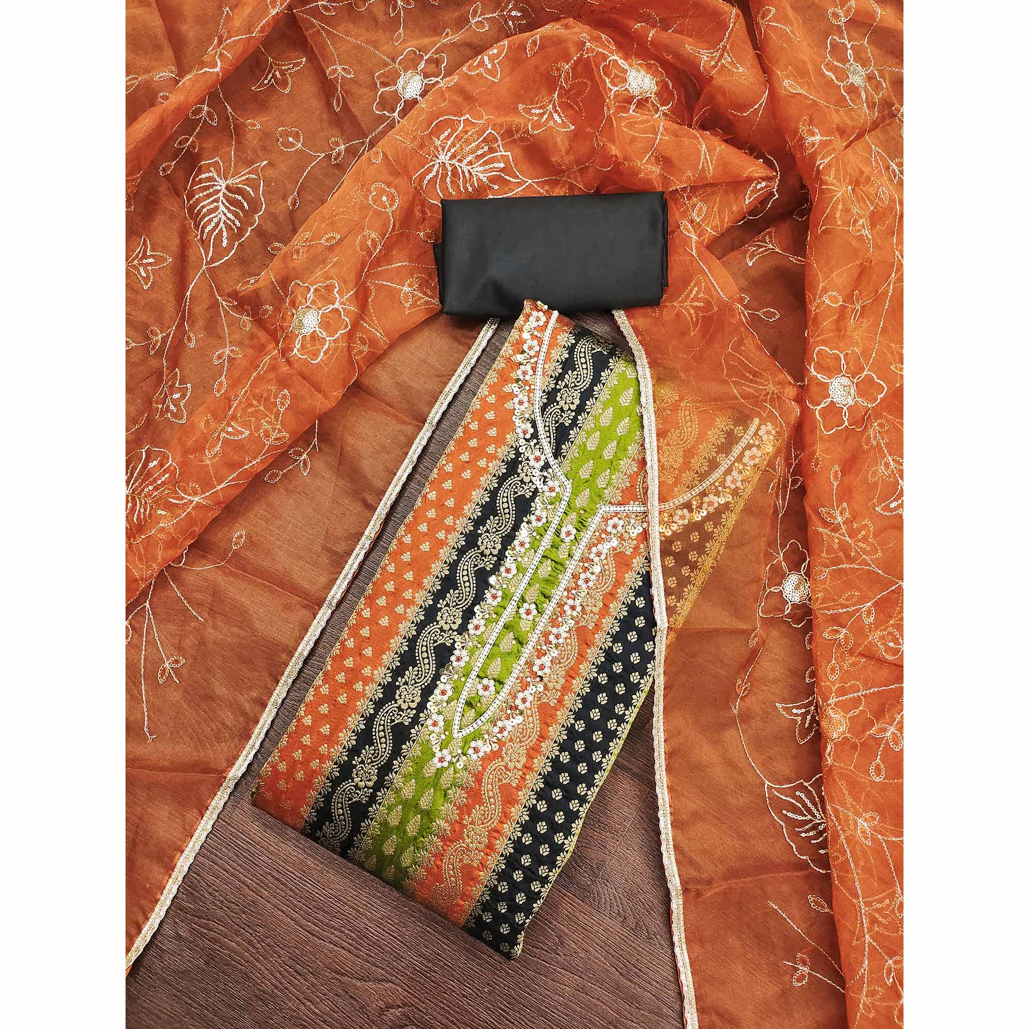 Black Banarasi Silk Jacquard Dress Material With Floral Woven Handwork Detailing