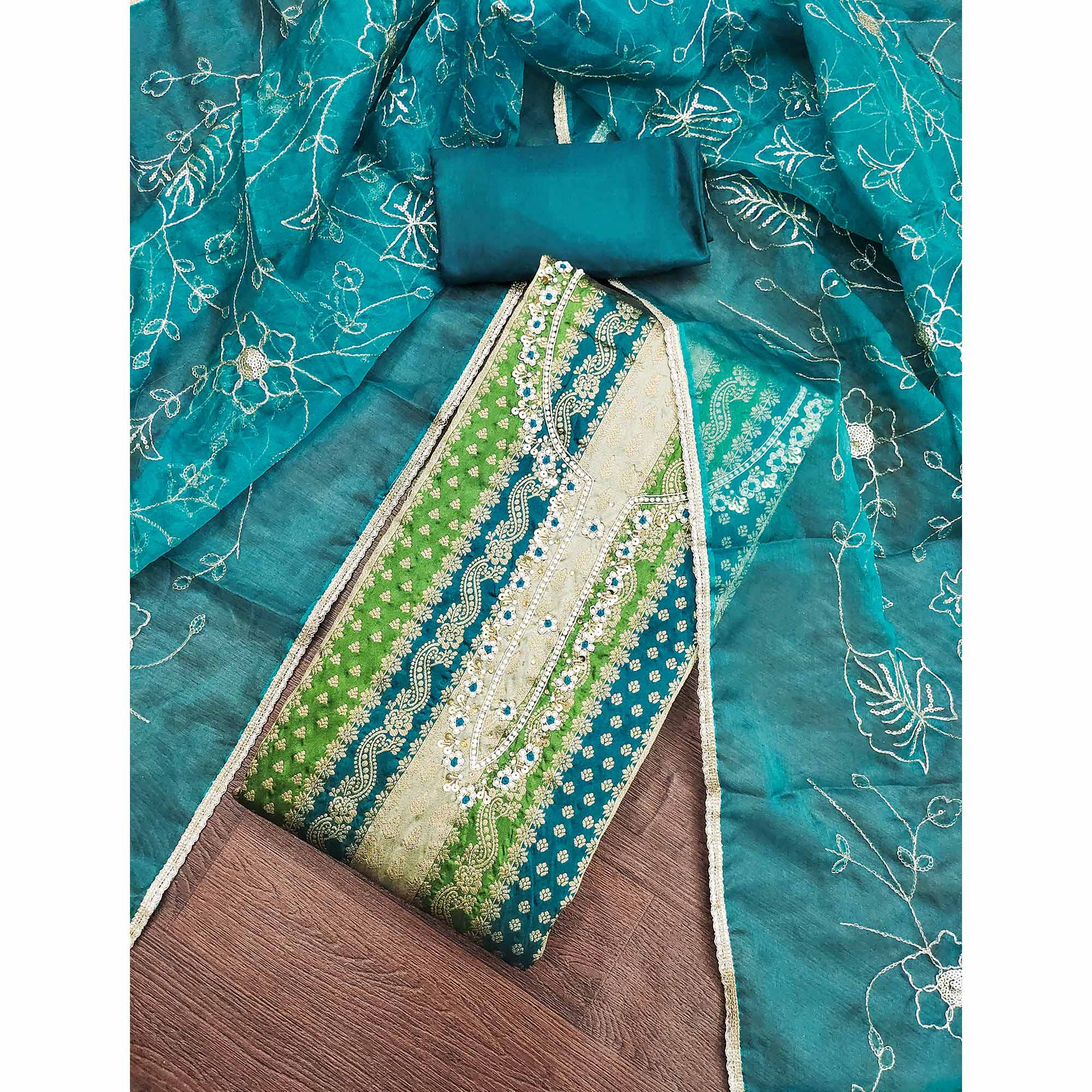 Teal Banarasi Silk Jacquard Dress Material With Floral Woven Handwork Detailing