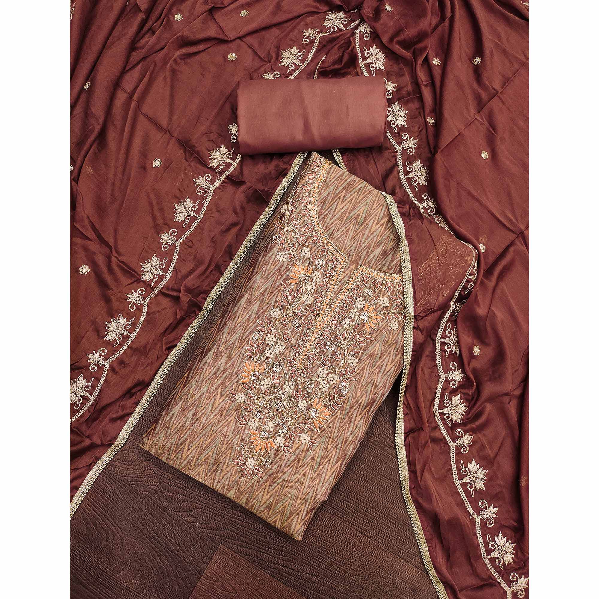 Festive Ready Brown Dress Material in Cotton Silk with Exquisite Hand Embroidery