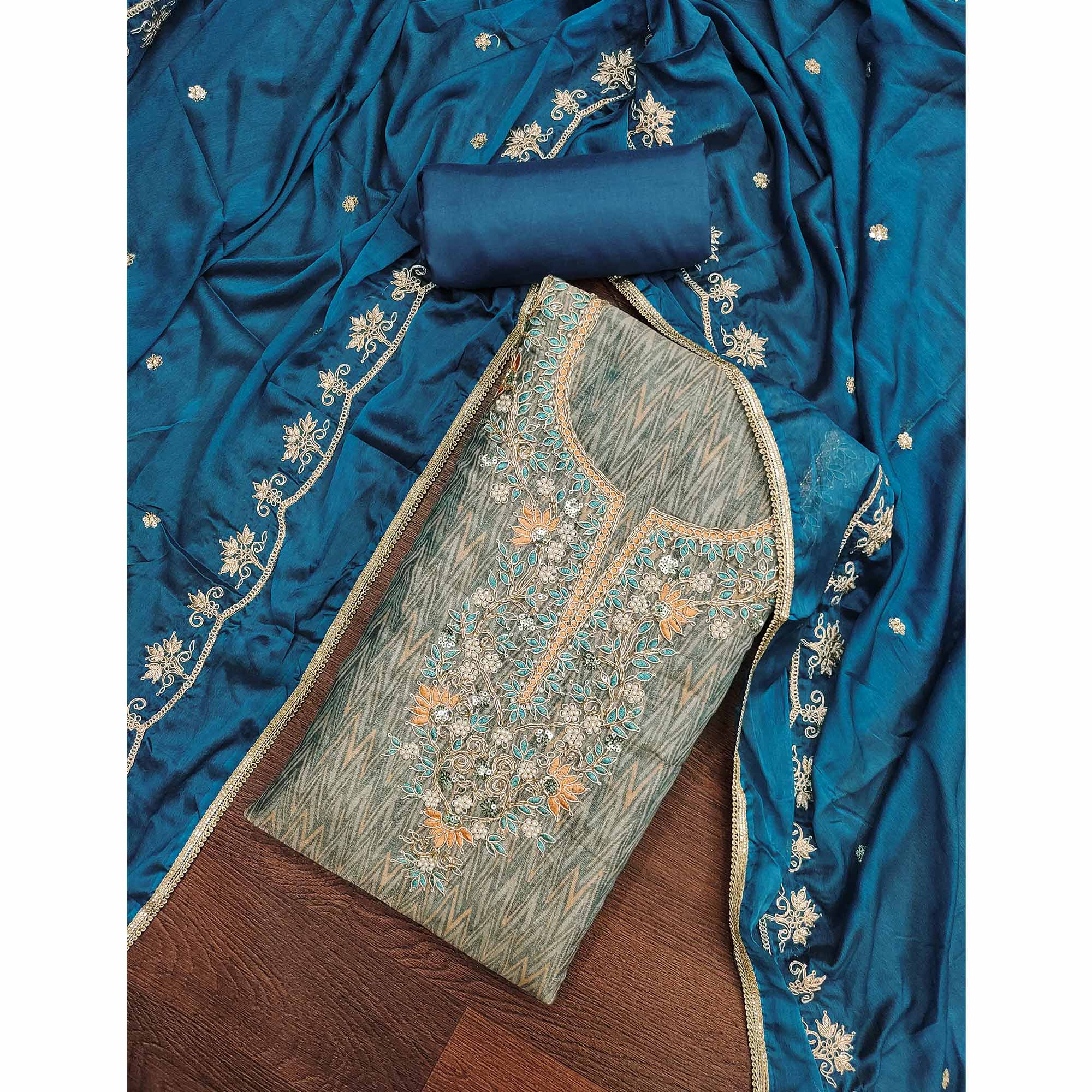 Festive Ready Teal Dress Material in Cotton Silk with Exquisite Hand Embroidery