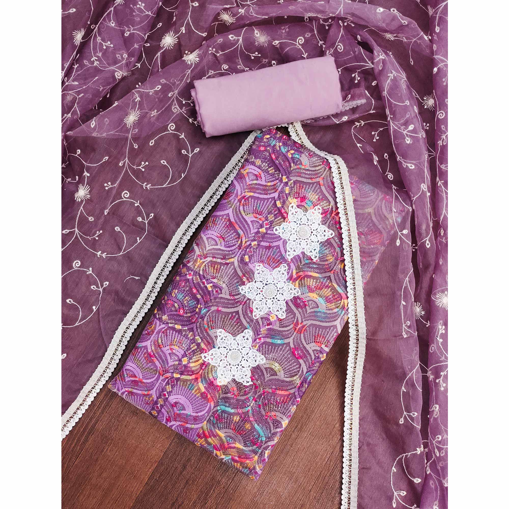 Festive Ready Purple Heavy Embroidered Dress Material in Roman Cotton Silk Fabric