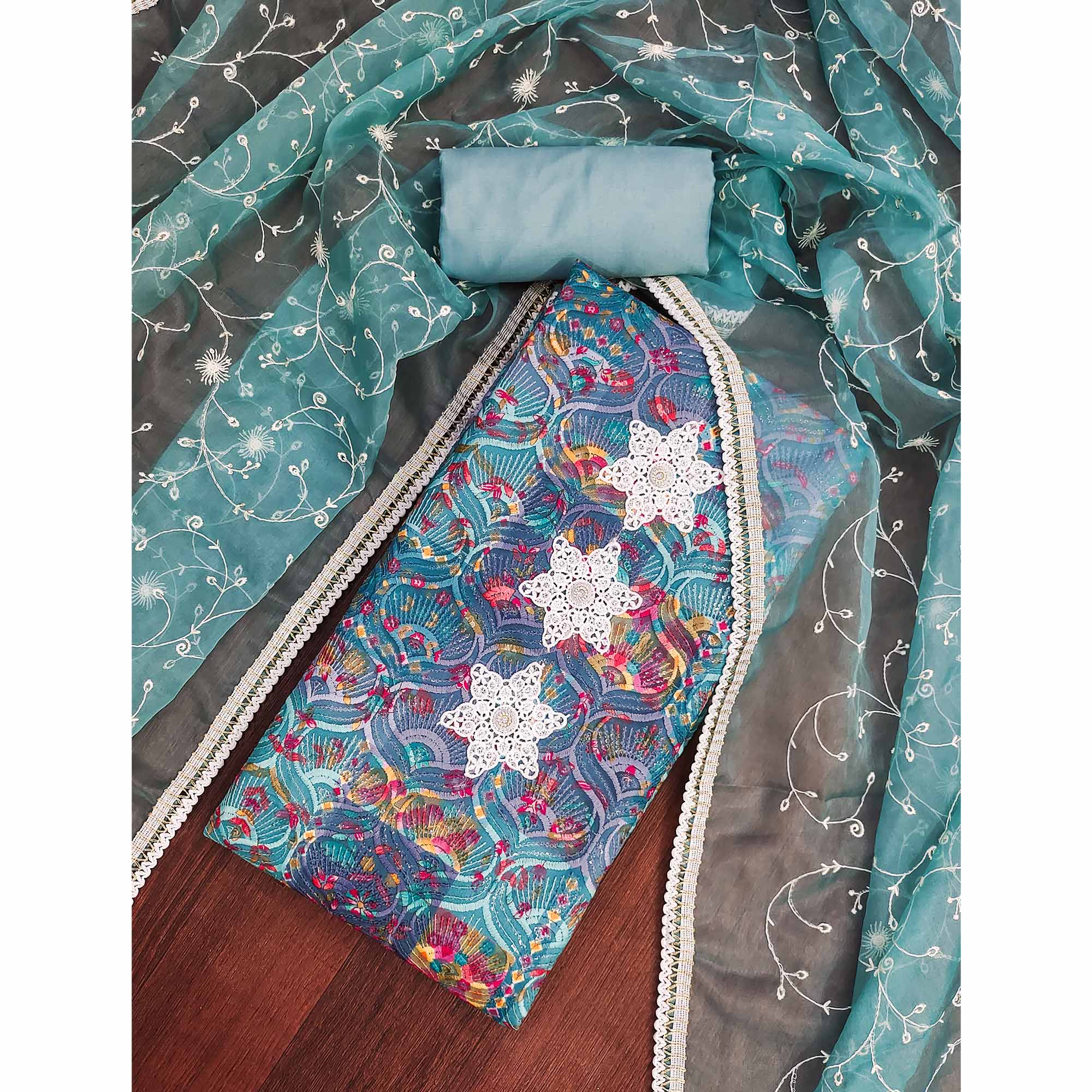 Festive Ready Teal Heavy Embroidered Dress Material in Roman Cotton Silk Fabric