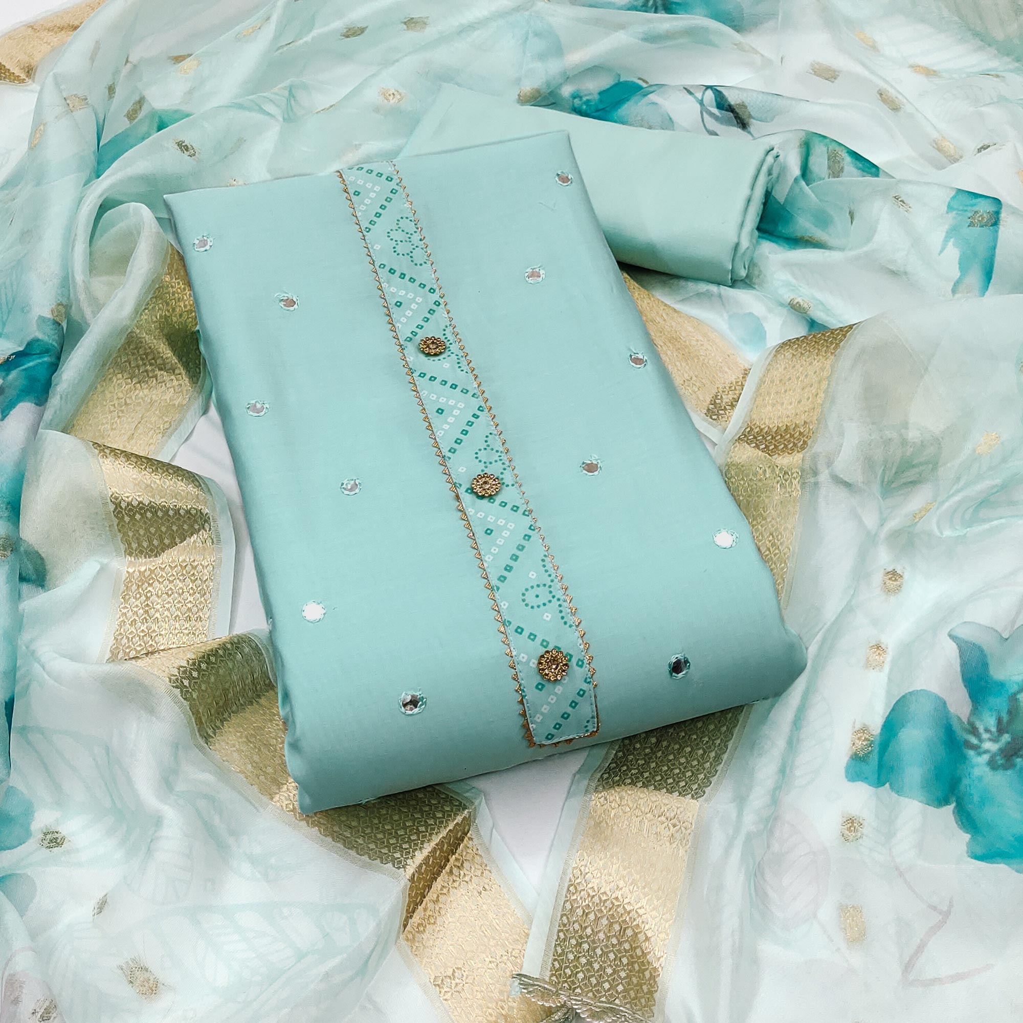 Turquoise Cotton Silk Dress Material With Intricate Thread Embroidery With Handwork