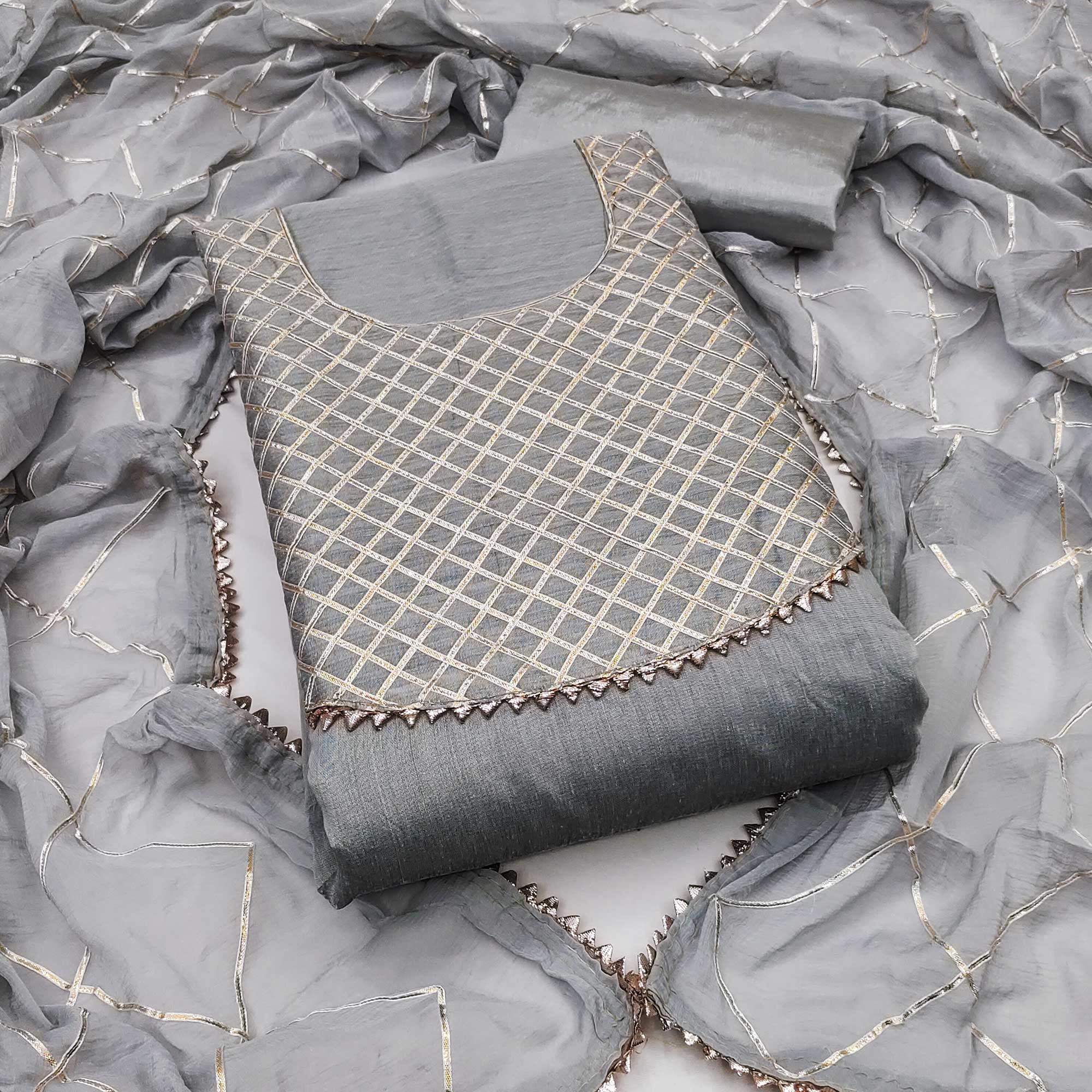 Grey Dress Material in Modal Chanderi Silk With Traditional Gota Patti Embellishments