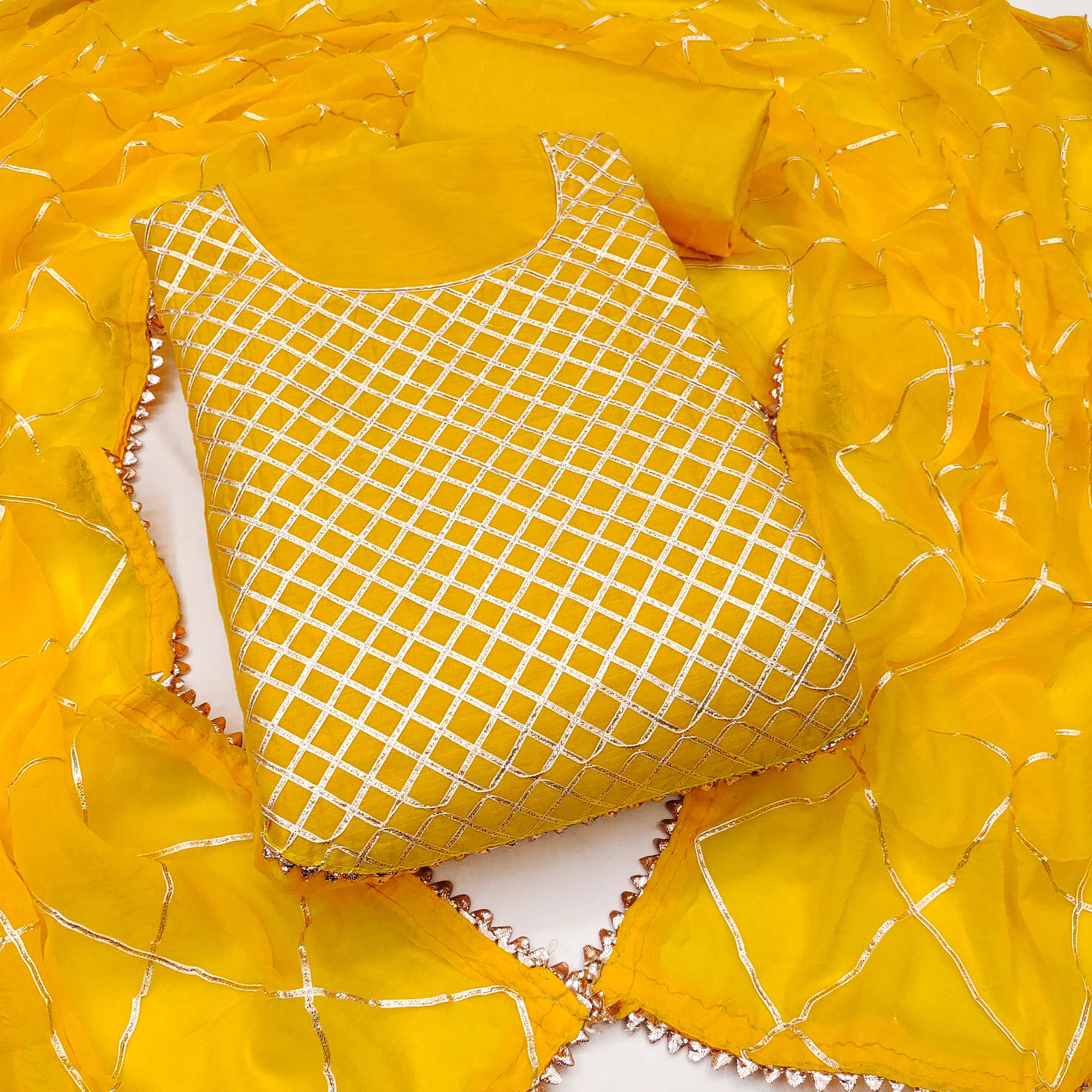 Yellow Dress Material in Modal Chanderi Silk With Traditional Gota Patti Embellishments