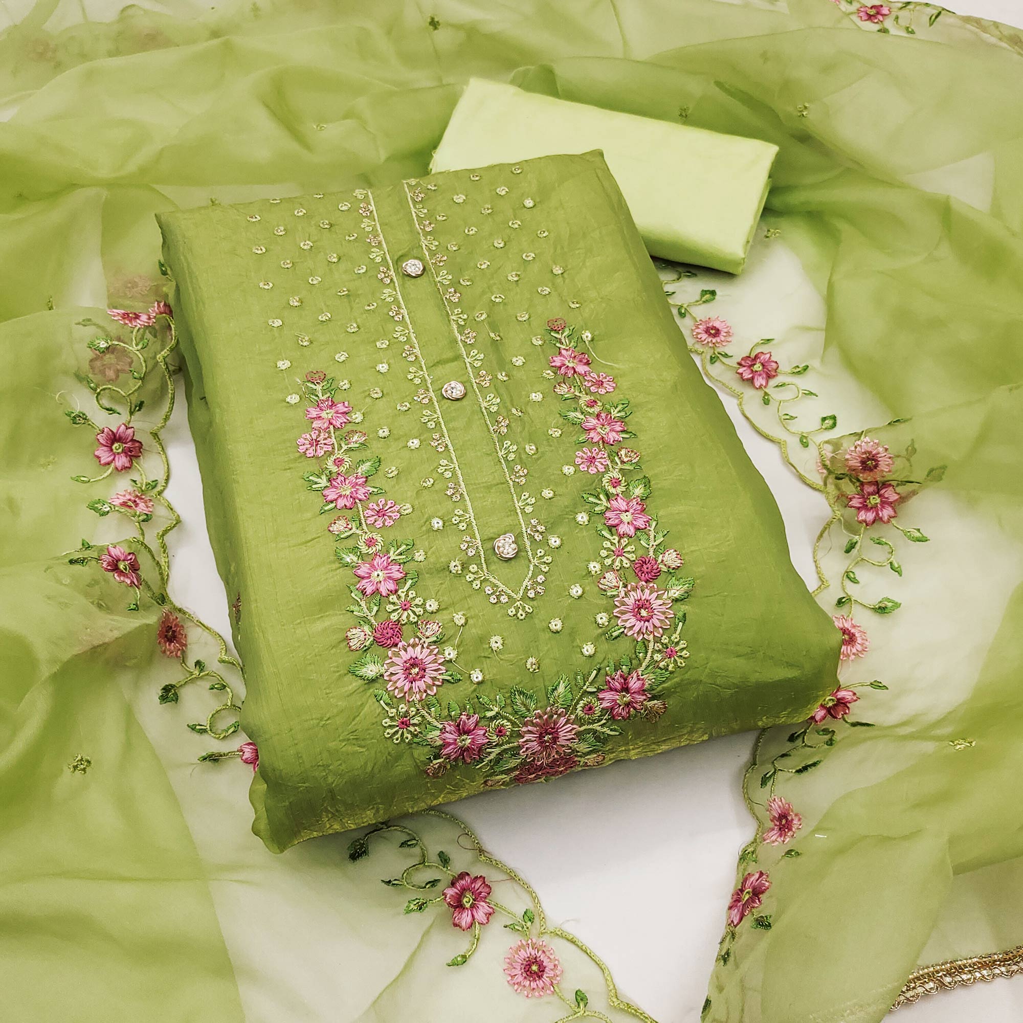 Green Dress Material In Viscose With Intricate Floral Sequins Embroidery & Handwork