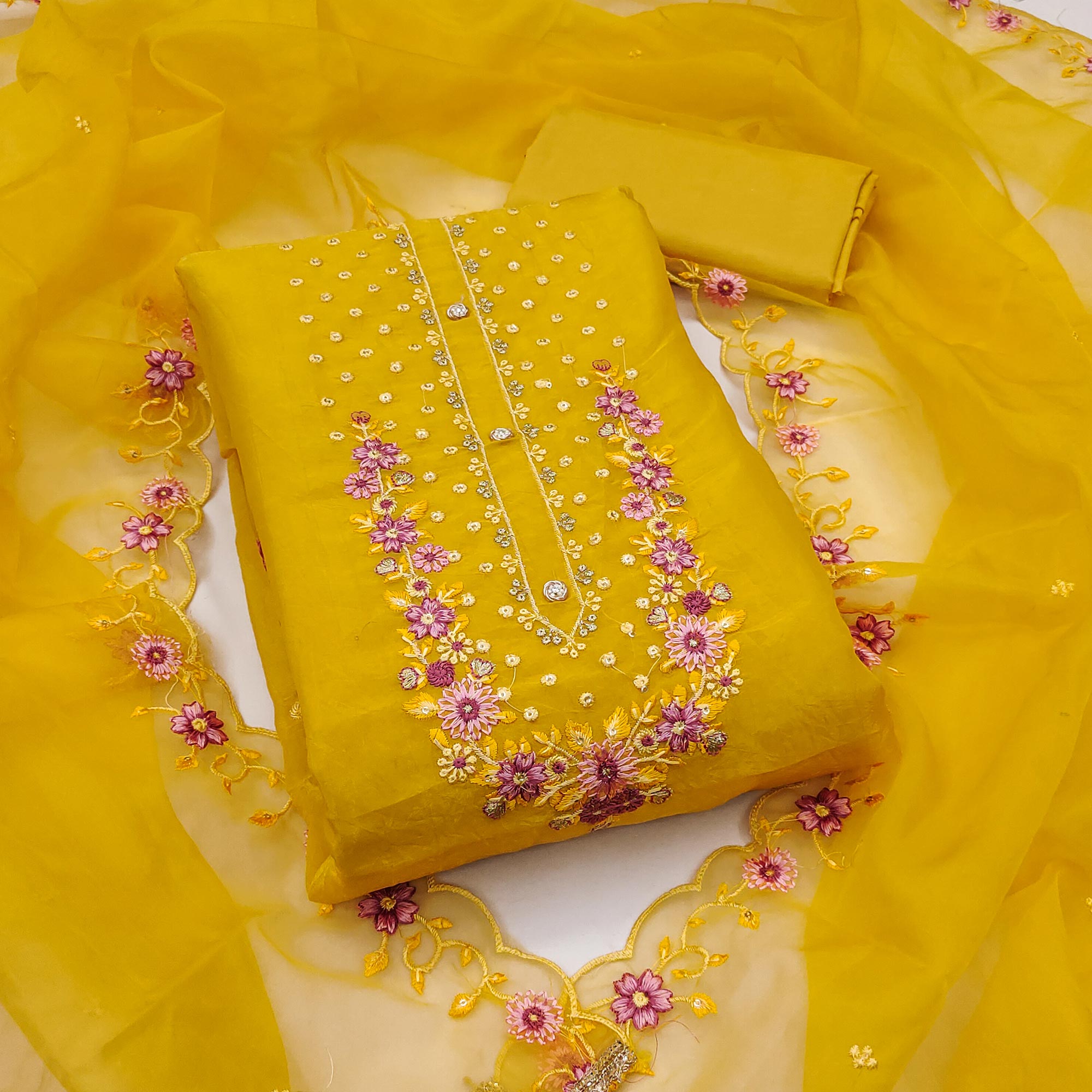 Yellow Dress Material In Viscose With Intricate Floral Sequins Embroidery & Handwork