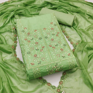 Green Floral Embroidered Cotton Silk Dress Material With Glimmering Floral Sequins Work
