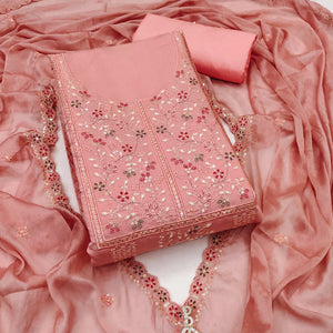 Peach Floral Embroidered Cotton Silk Dress Material With Glimmering Floral Sequins Work